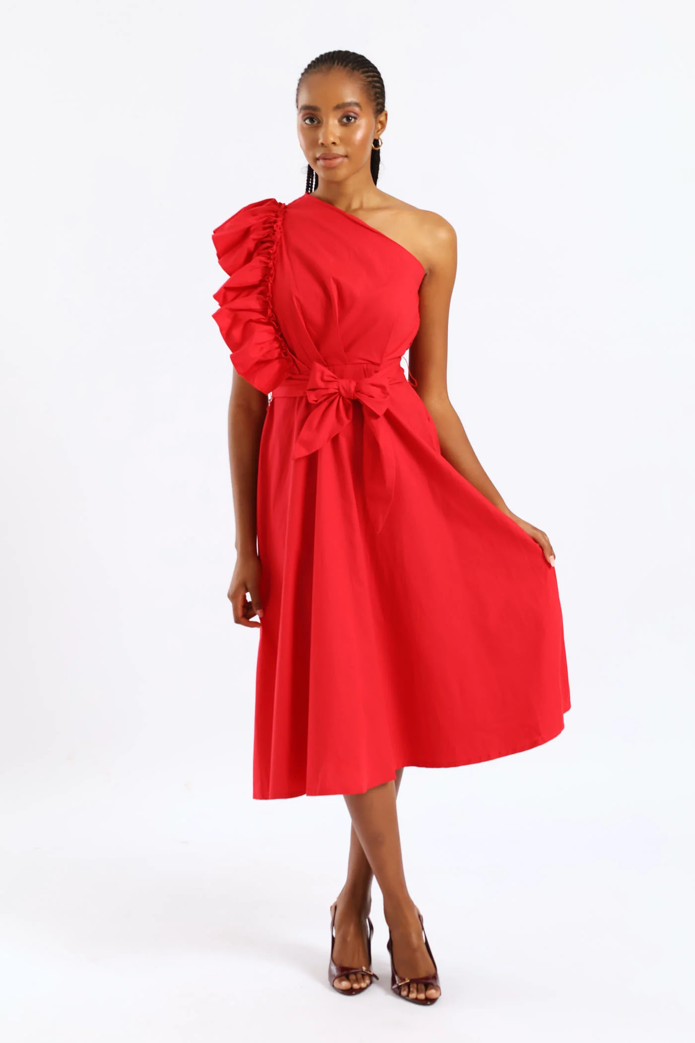 Frill One Shoulder Fit & Flare Self Belted Midi Dress - Rose Red - Image 6