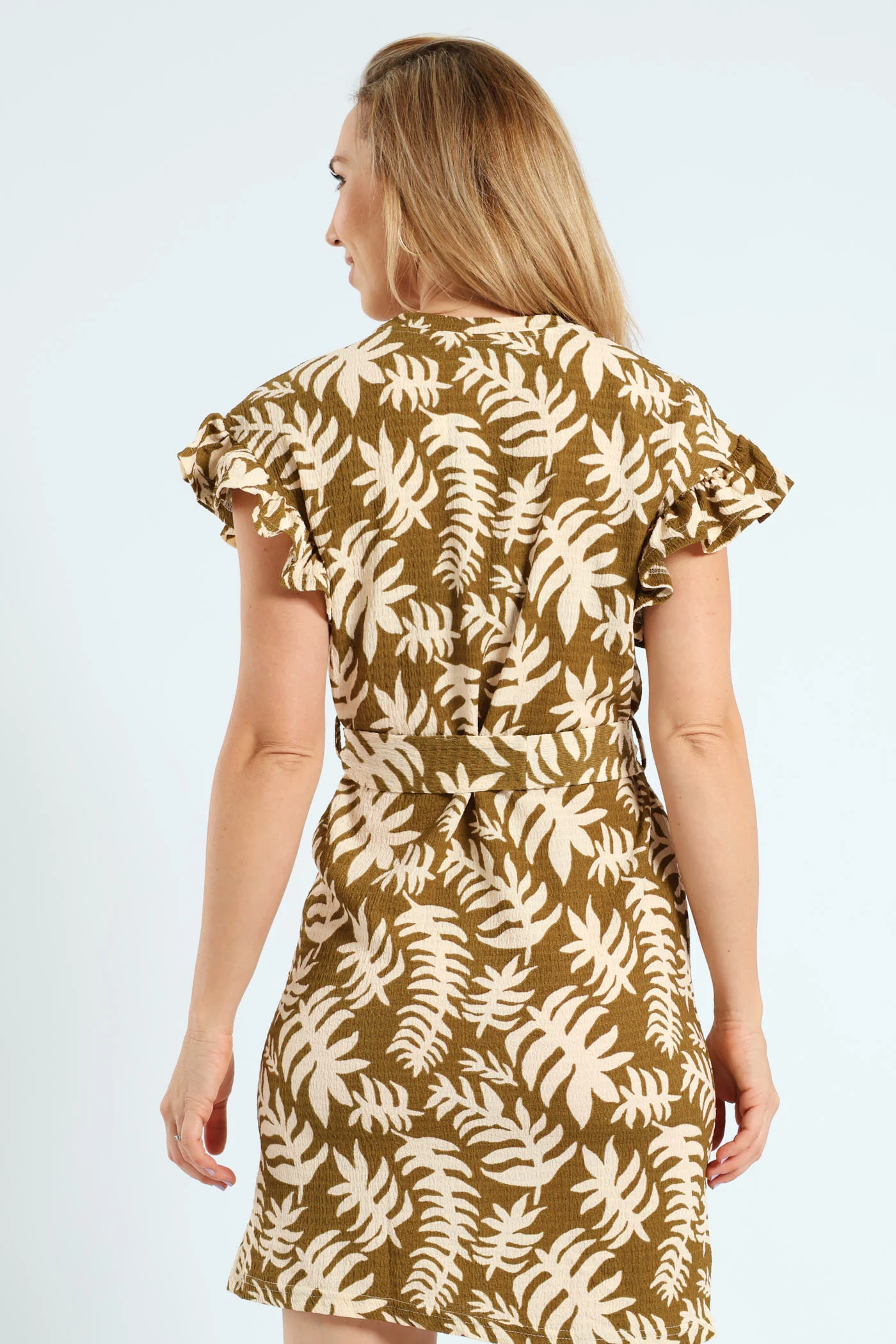 Frill Sleeve Belted Pleated Knit Shift Mini Dress - Avocado - Image 3
