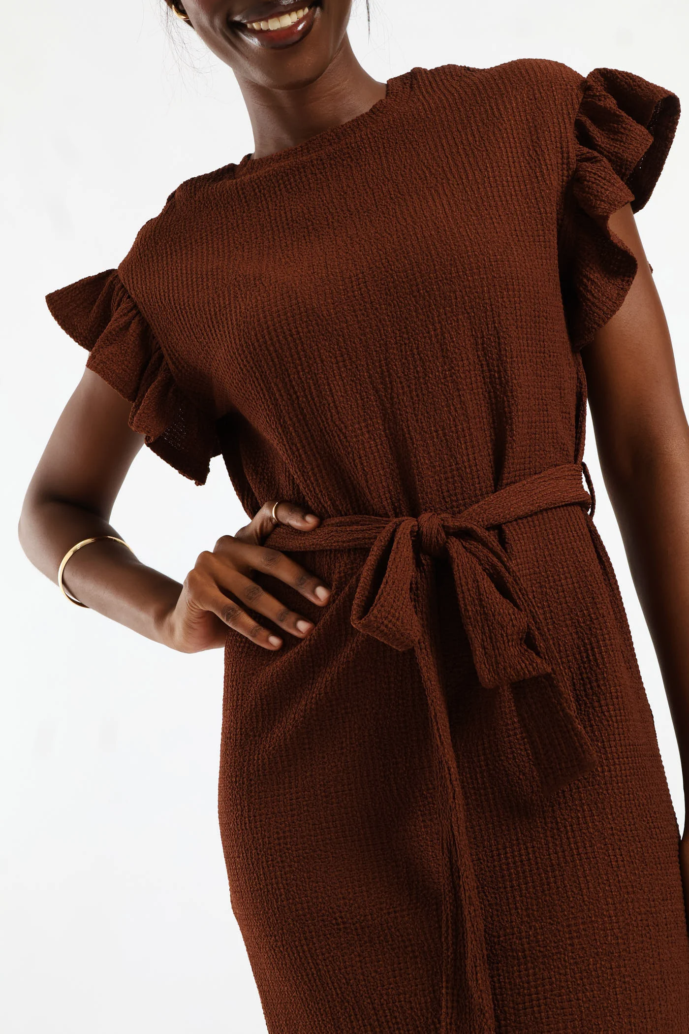Frill Sleeve Belted Leaf Print Knit Shift Mini Dress - Image 2