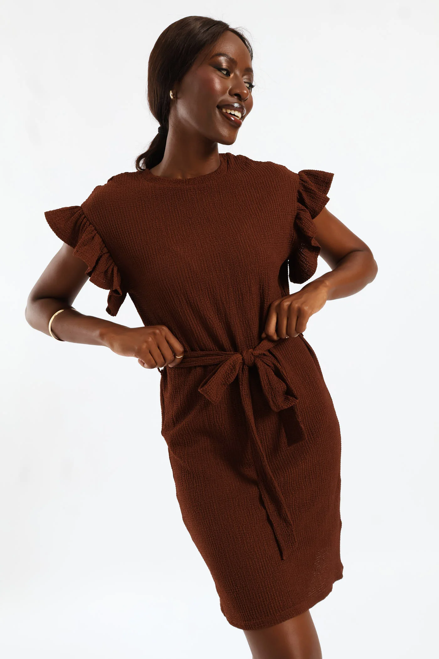 Frill Sleeve Belted Leaf Print Knit Shift Mini Dress - Image 3