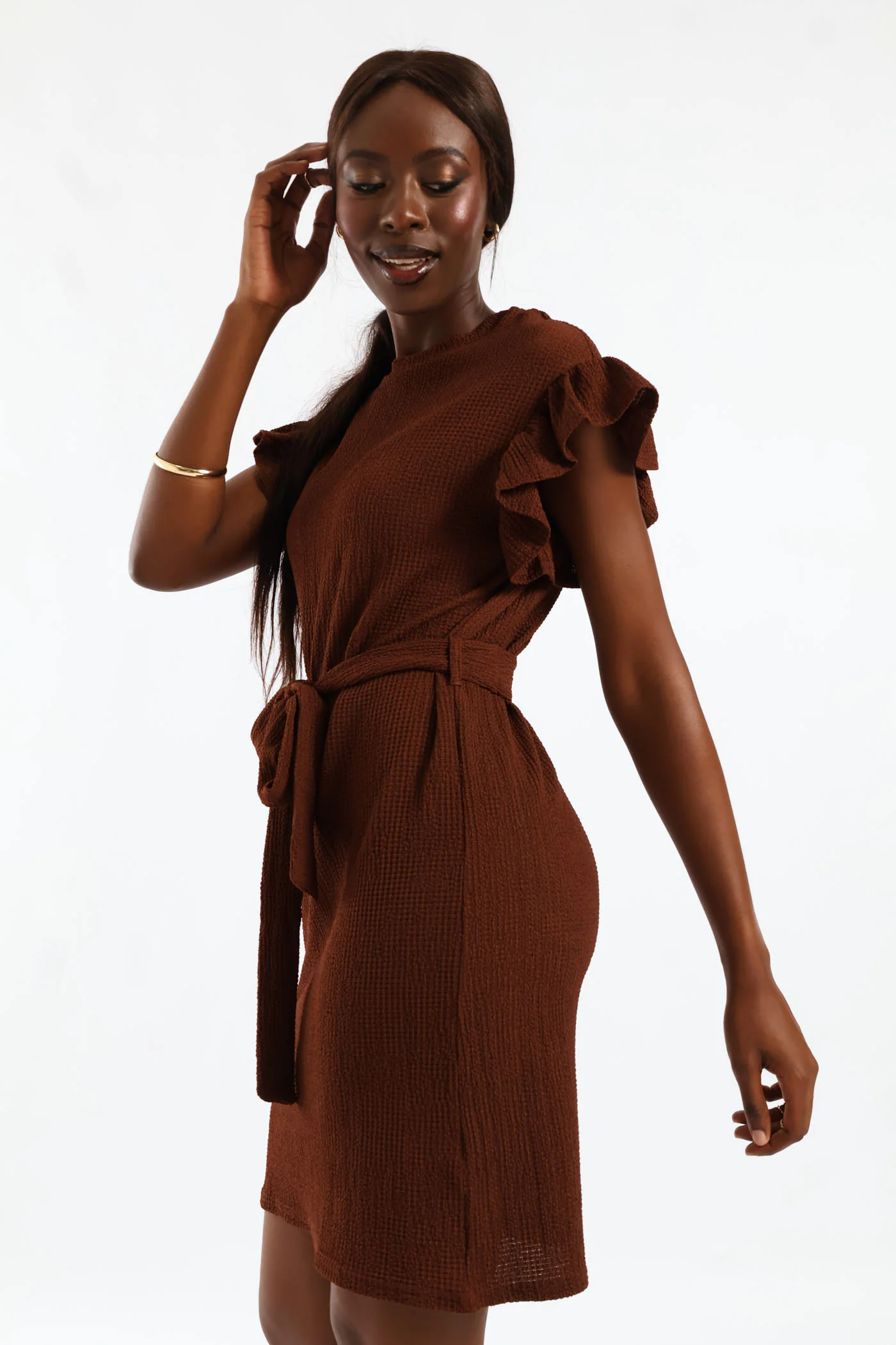 Frill Sleeve Belted Leaf Print Knit Shift Mini Dress - Image 4