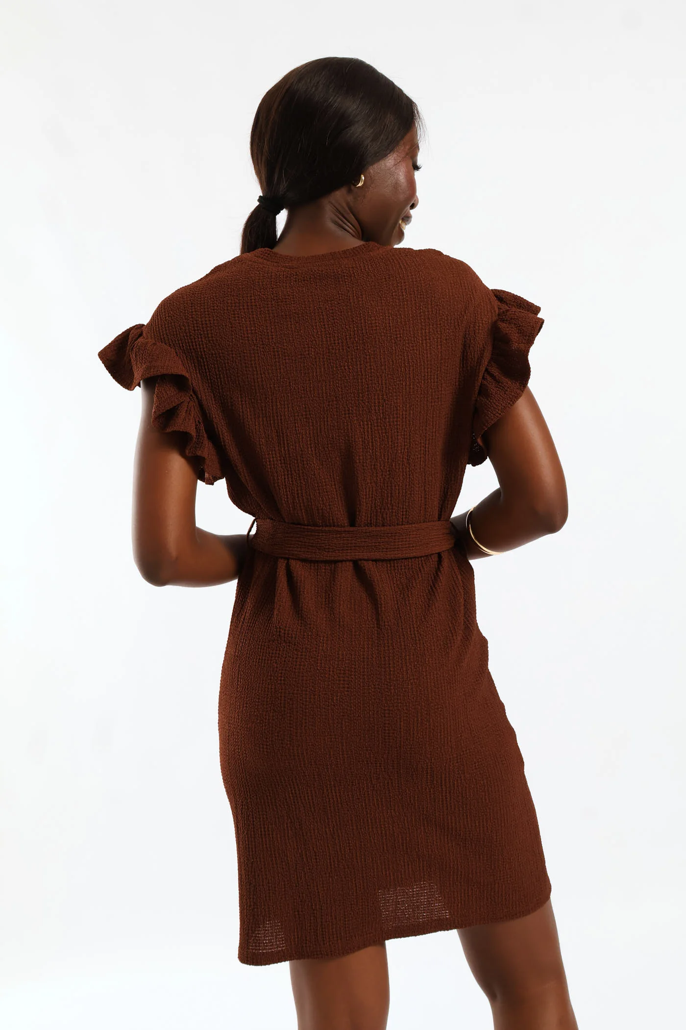 Frill Sleeve Belted Leaf Print Knit Shift Mini Dress - Image 5