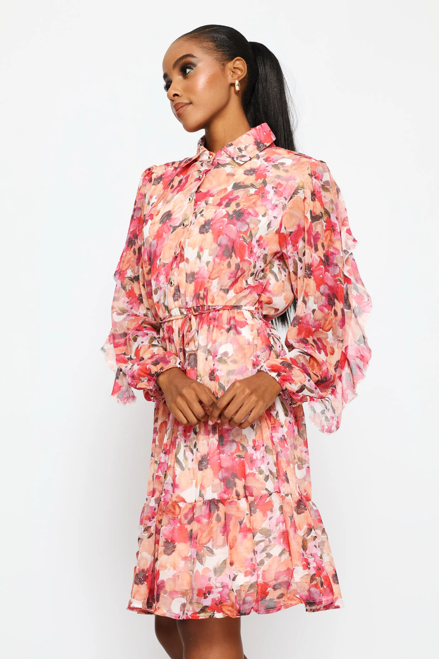 Frill Sleeve Belted Tiered Tea Dress - Multi - Image 3