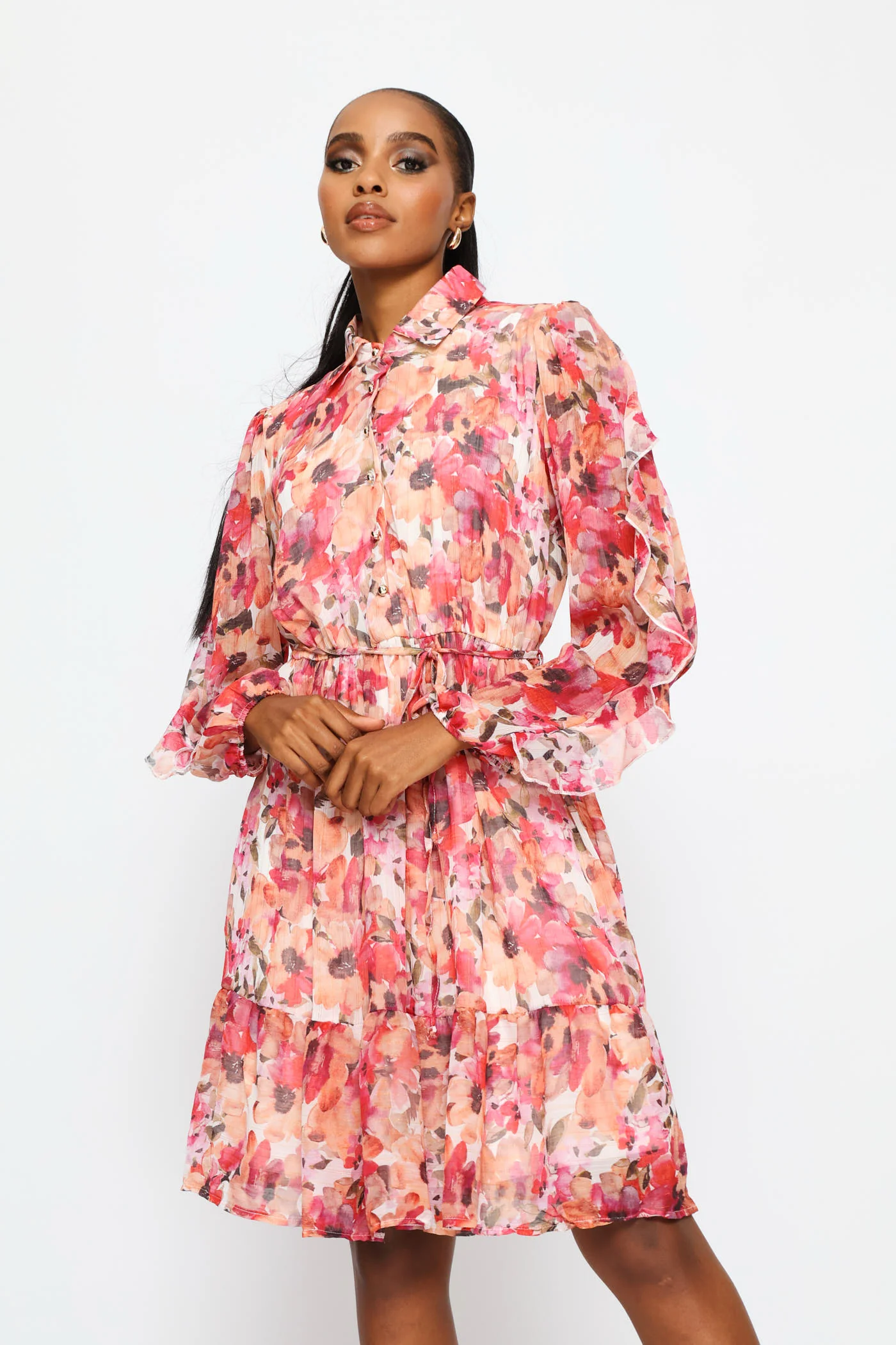 Frill Sleeve Belted Tiered Tea Dress - Multi - Image 4