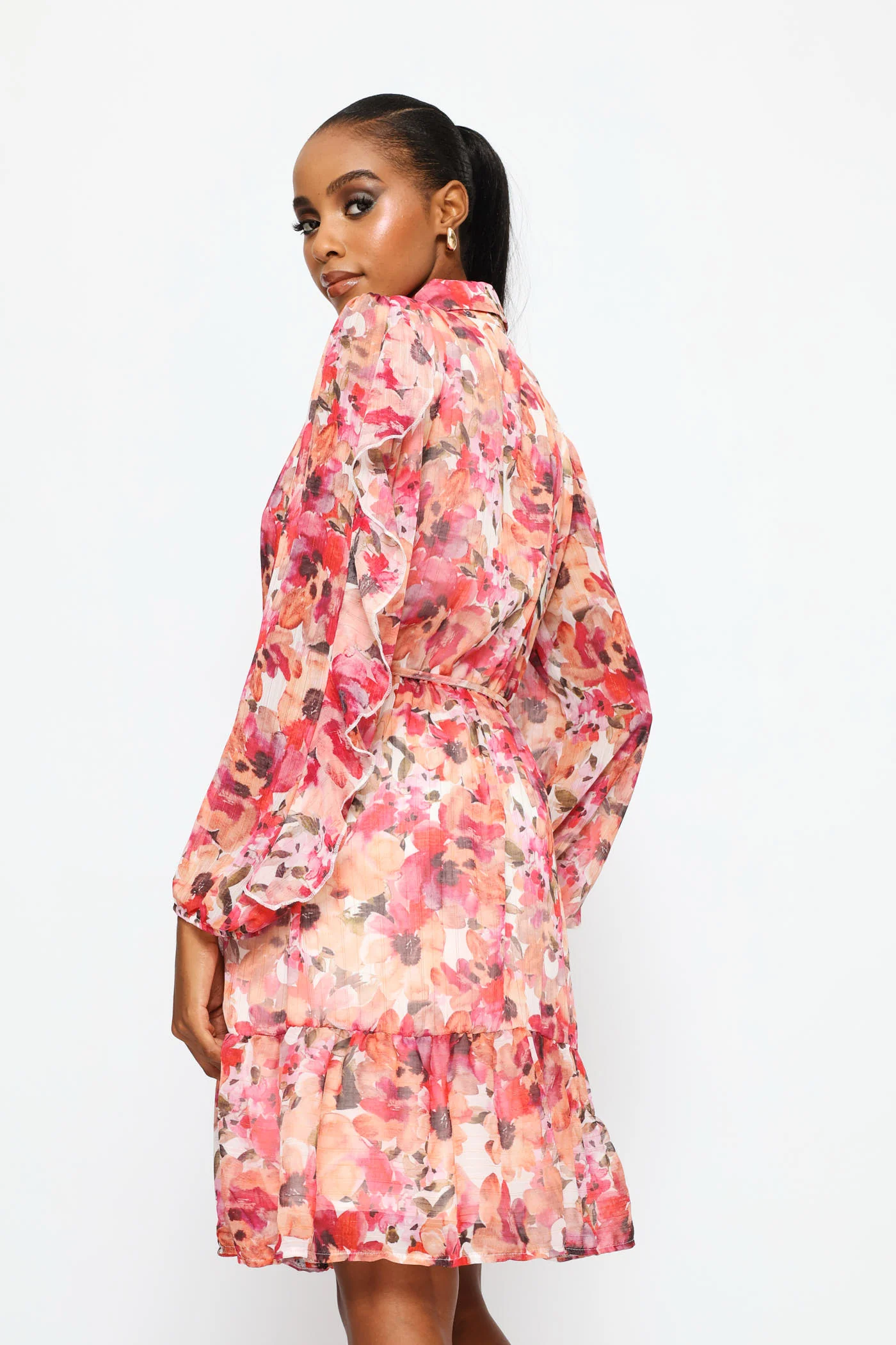 Frill Sleeve Belted Tiered Tea Dress - Multi - Image 6