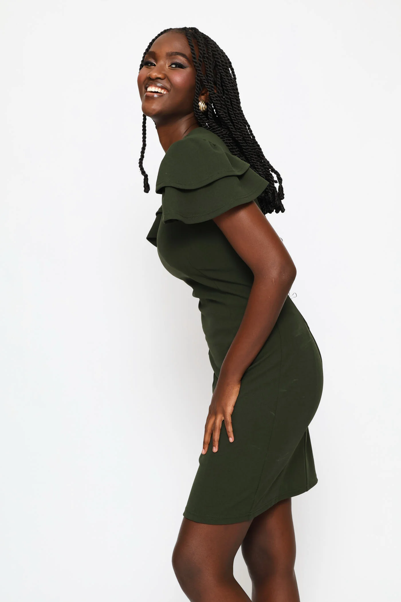 Frill Sleeve Bodycon Dress - Fatigue - Image 3