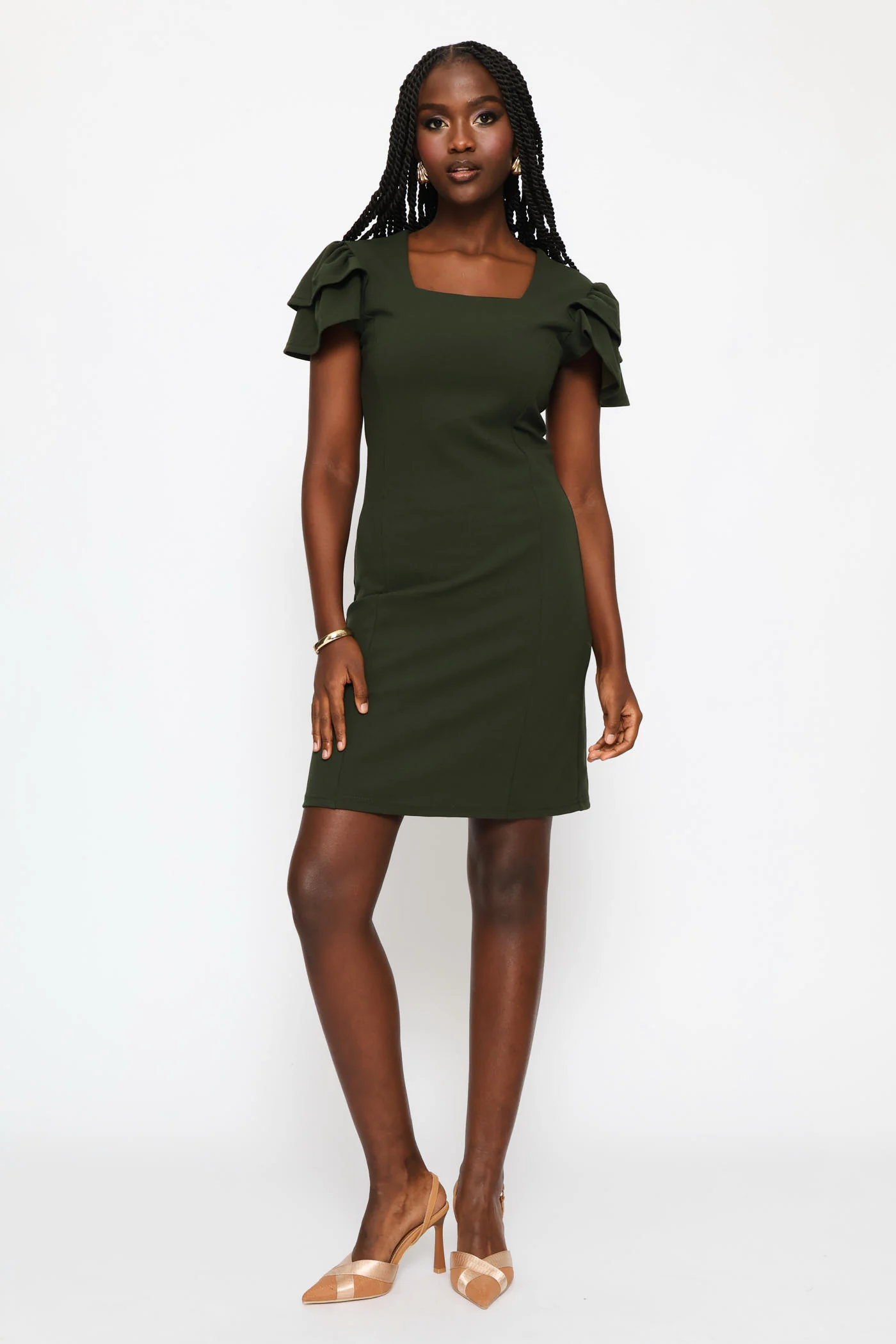 Frill Sleeve Bodycon Dress - Fatigue - Image 5