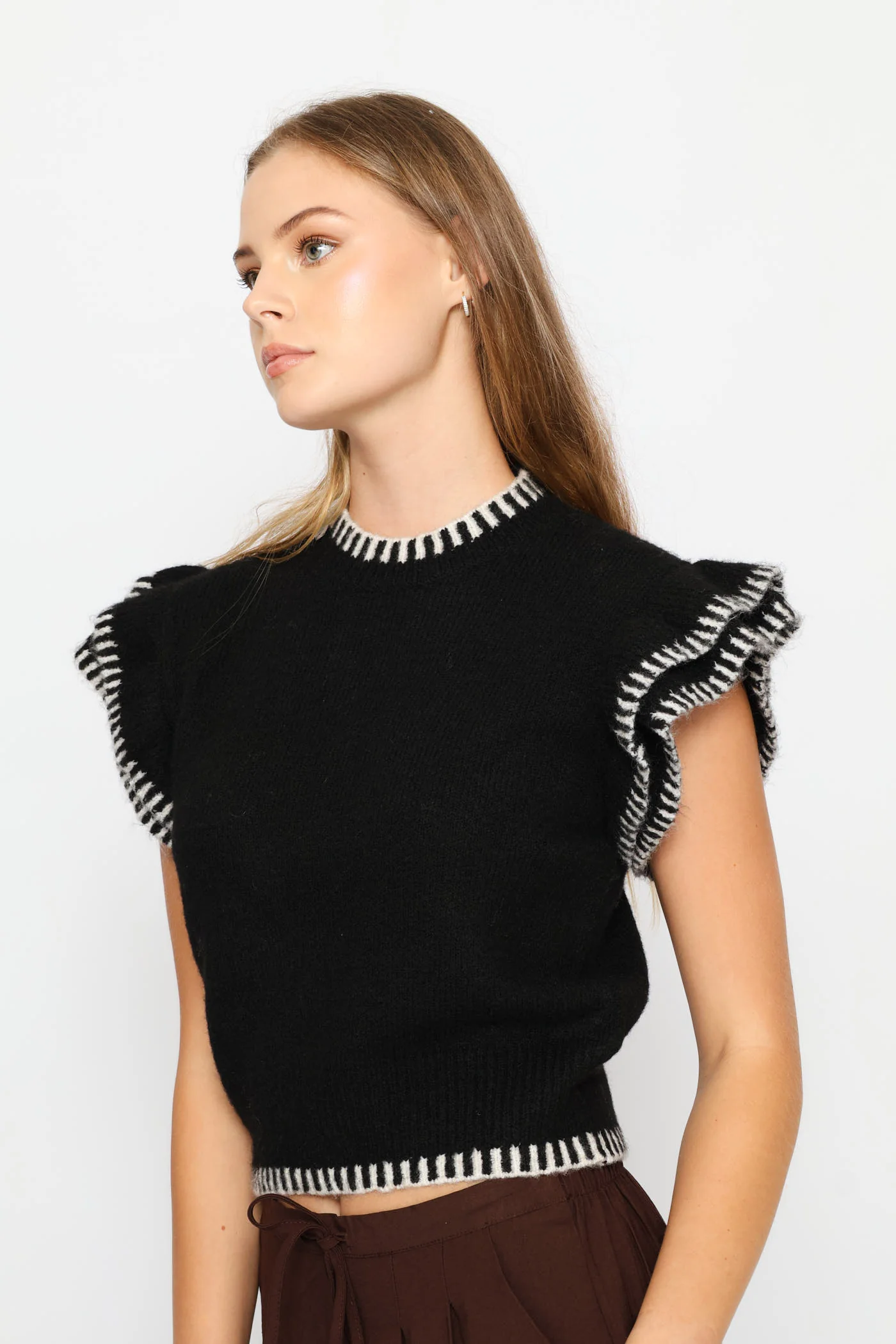 Frill Sleeve Knit Top - Black - Image 4