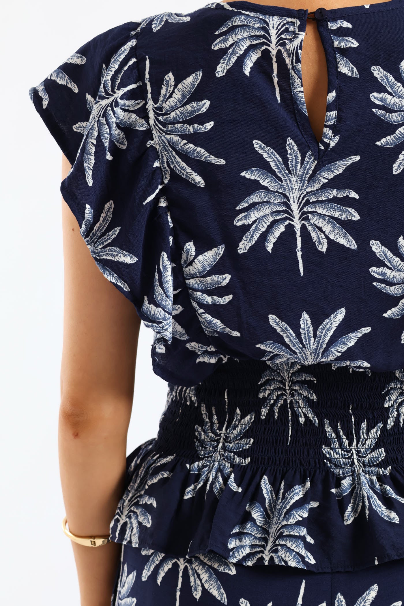 Frill Sleeve Shirred Waist Blouse - Navy/White - Image 3