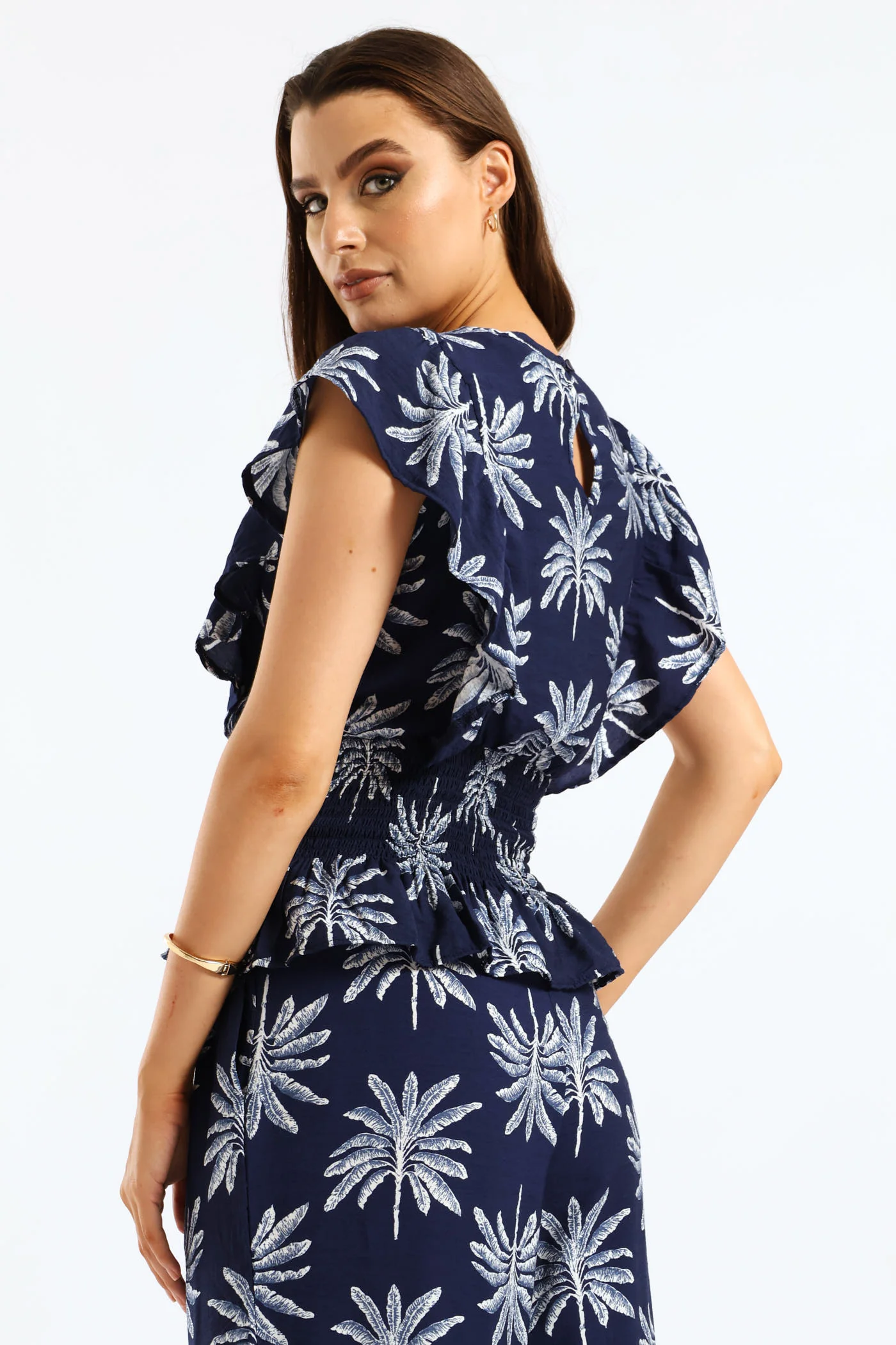 Frill Sleeve Shirred Waist Blouse - Navy/White - Image 5
