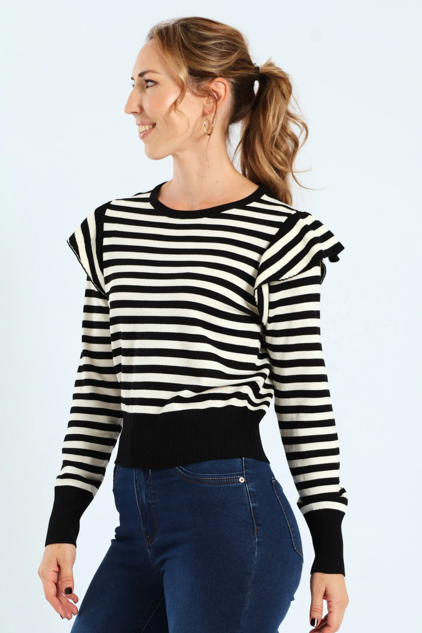 Frill Sleeve Striped Pullover - Black/White - Image 2