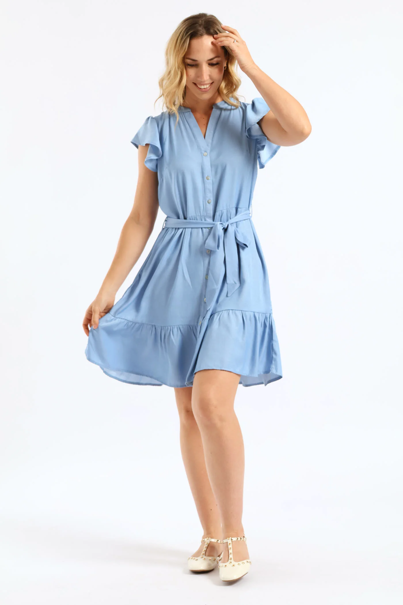 Frill Sleeve V-Neck Chambray Tiered Shirt Mini Dress - Light Wash - Image 2