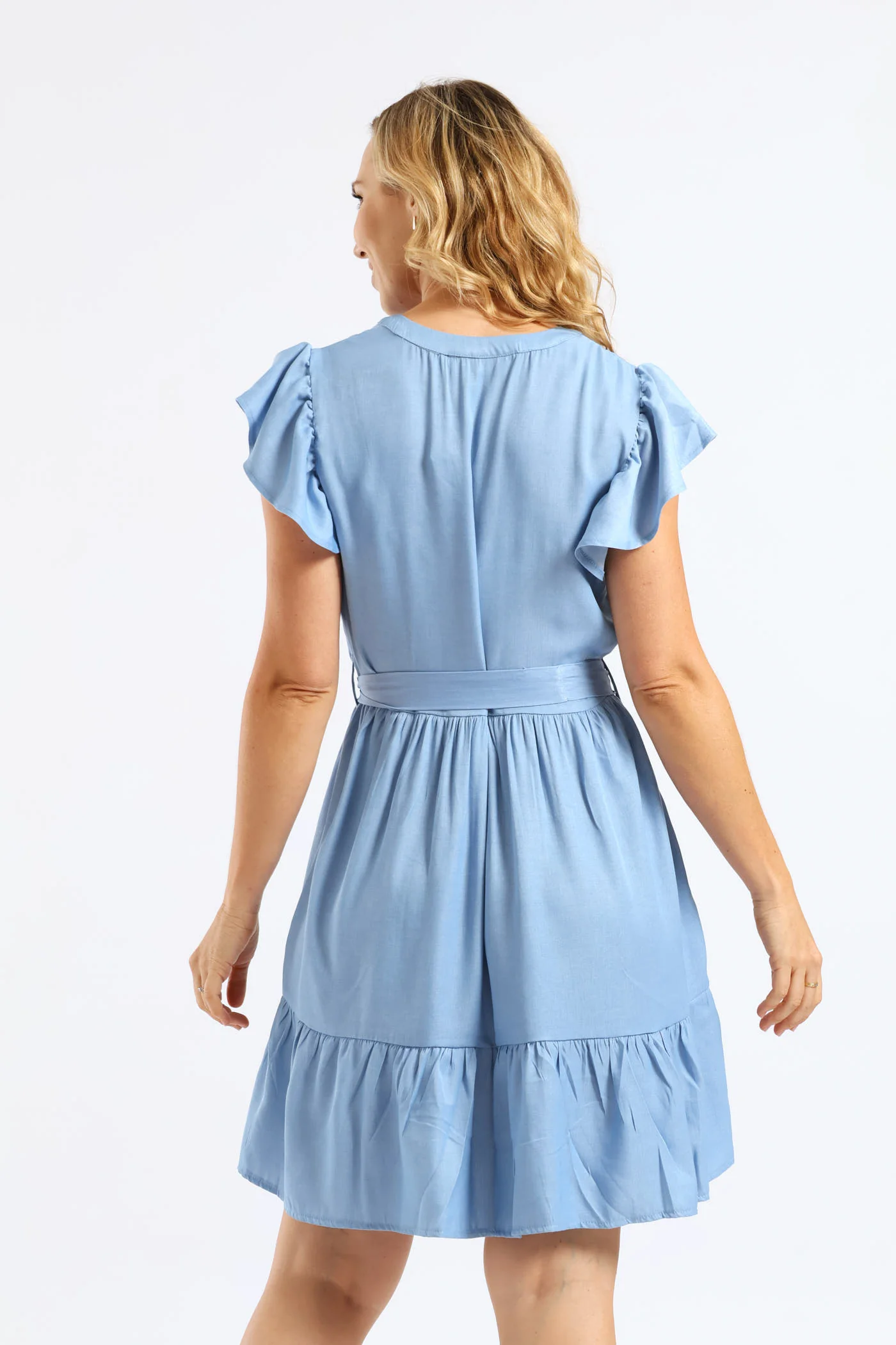 Frill Sleeve V-Neck Chambray Tiered Shirt Mini Dress - Light Wash - Image 4
