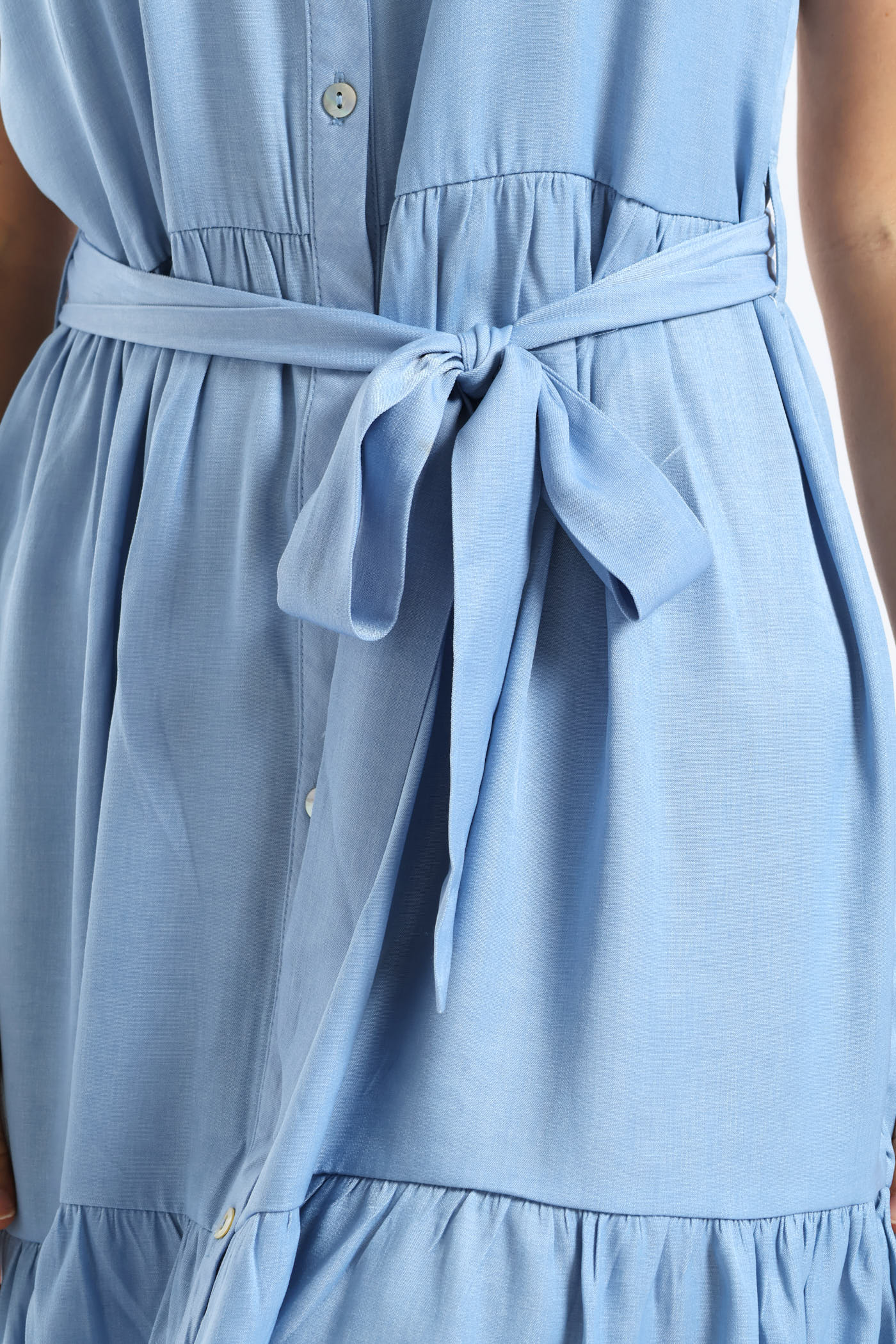 Frill Sleeve V-Neck Chambray Tiered Shirt Mini Dress - Light Wash - Image 5