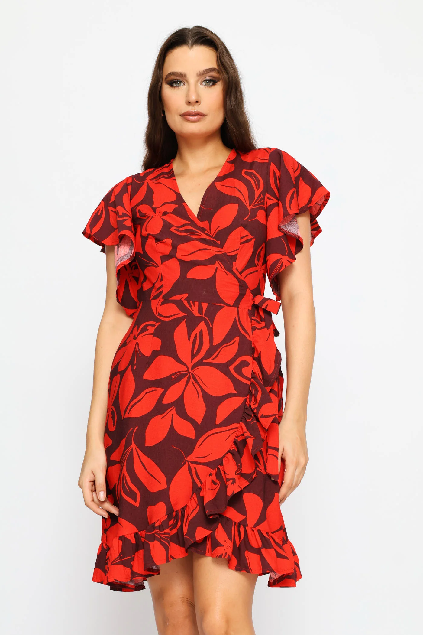Frill Sleeve Wrap Frill Hem Mini Dress - Red/Port - Image 2