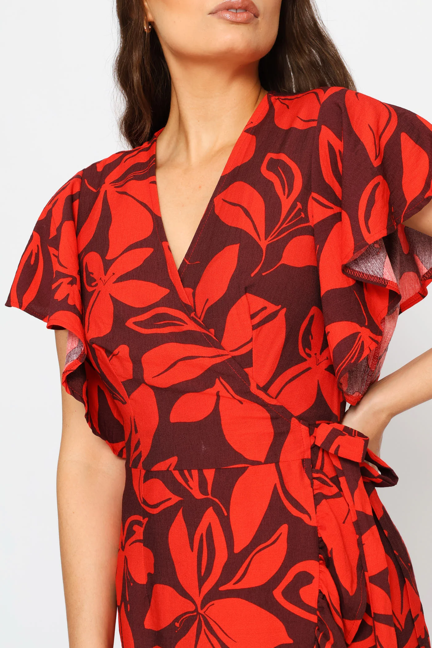 Frill Sleeve Wrap Frill Hem Mini Dress - Red/Port - Image 3