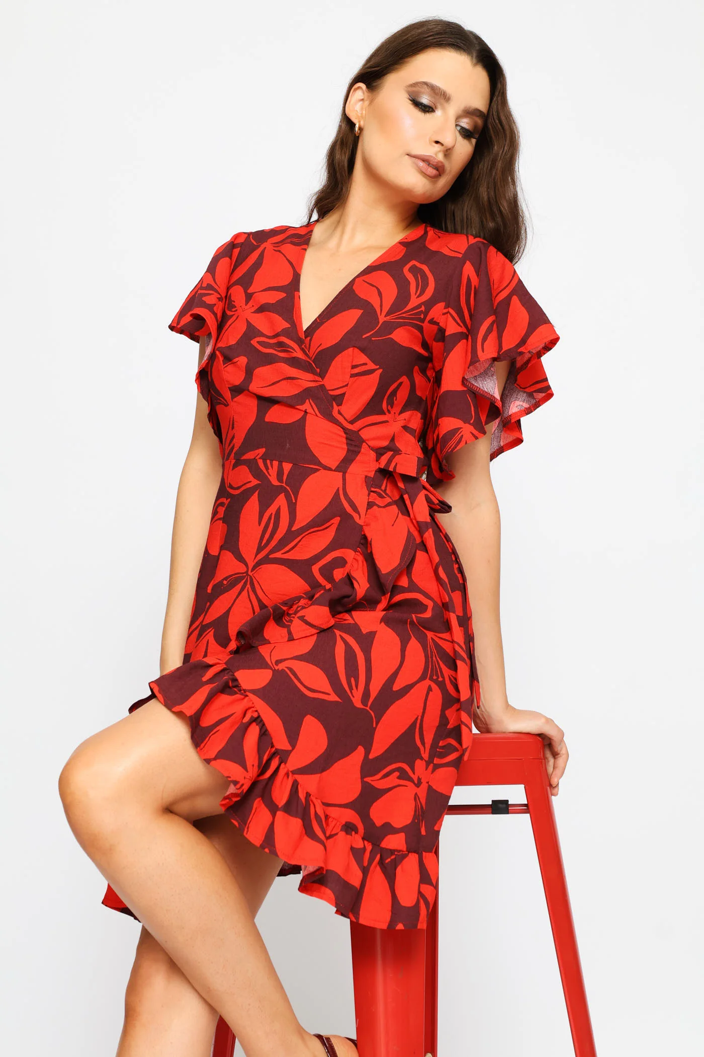 Frill Sleeve Wrap Frill Hem Mini Dress - Red/Port - Image 4