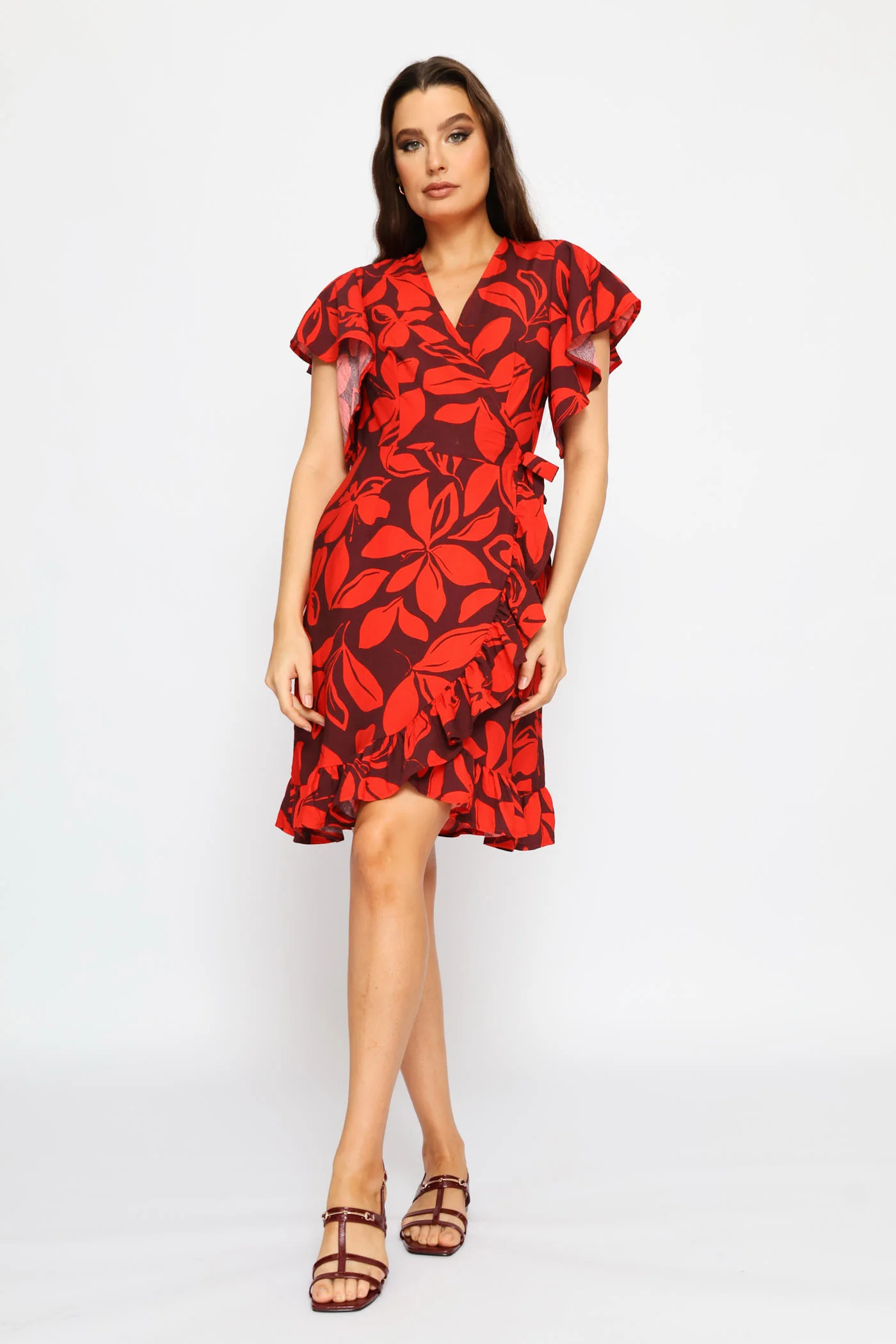 Frill Sleeve Wrap Frill Hem Mini Dress - Red/Port - Image 5