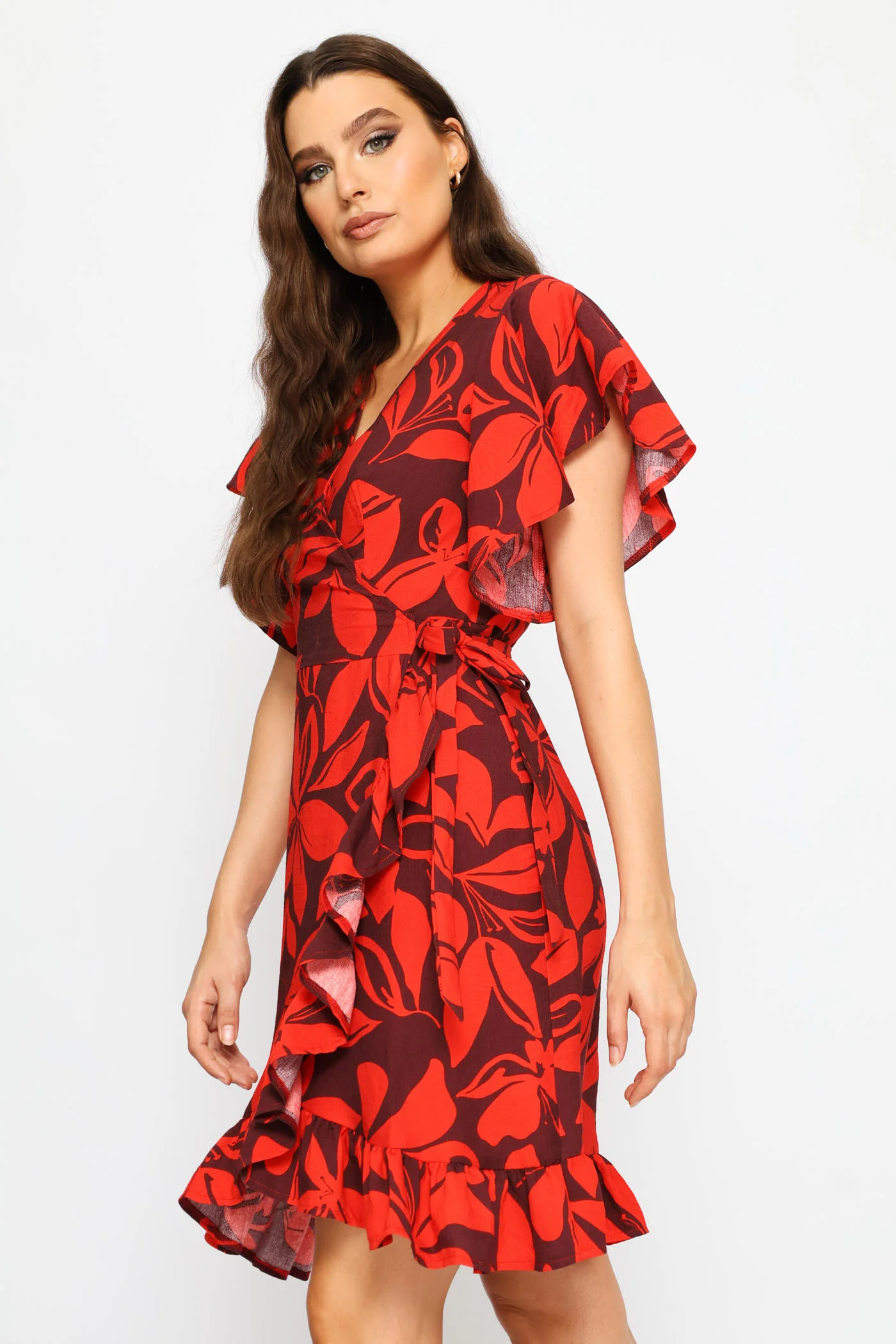 Frill Sleeve Wrap Frill Hem Mini Dress - Red/Port - Image 6
