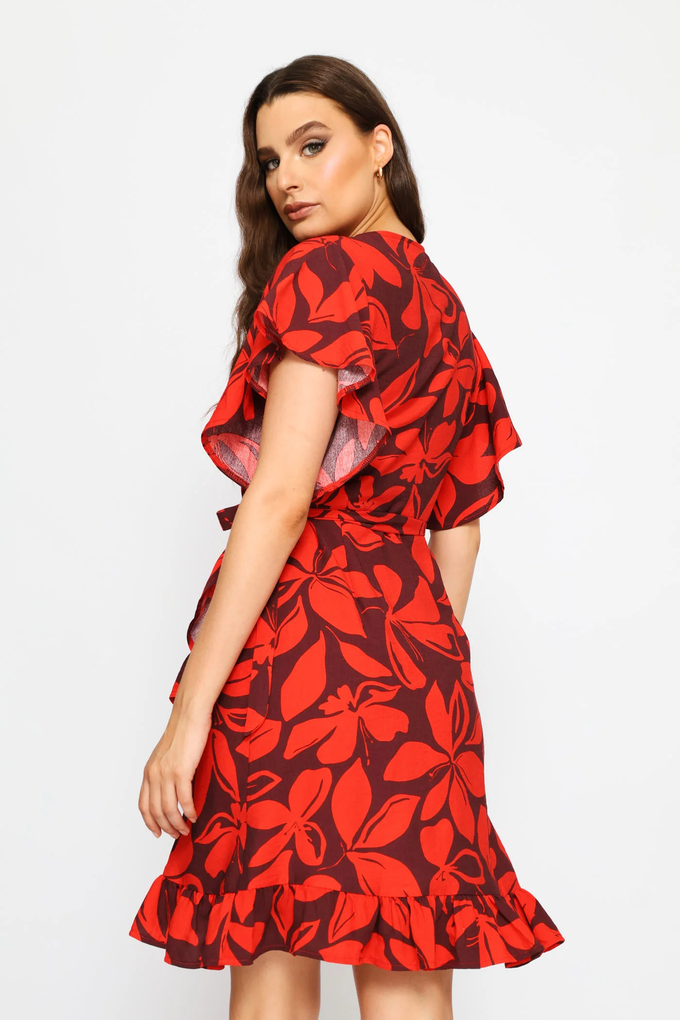 Frill Sleeve Wrap Frill Hem Mini Dress - Red/Port - Image 7