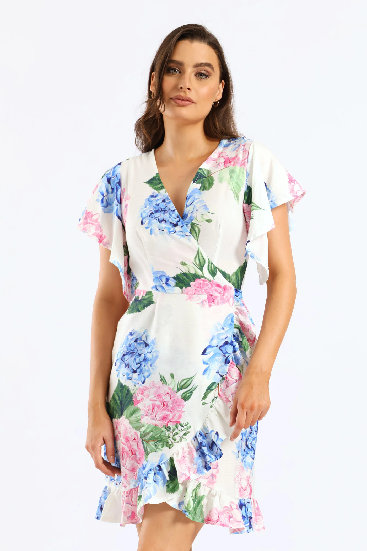 Frill Sleeve Wrap Frill Hem Mini Dress - White - Image 3