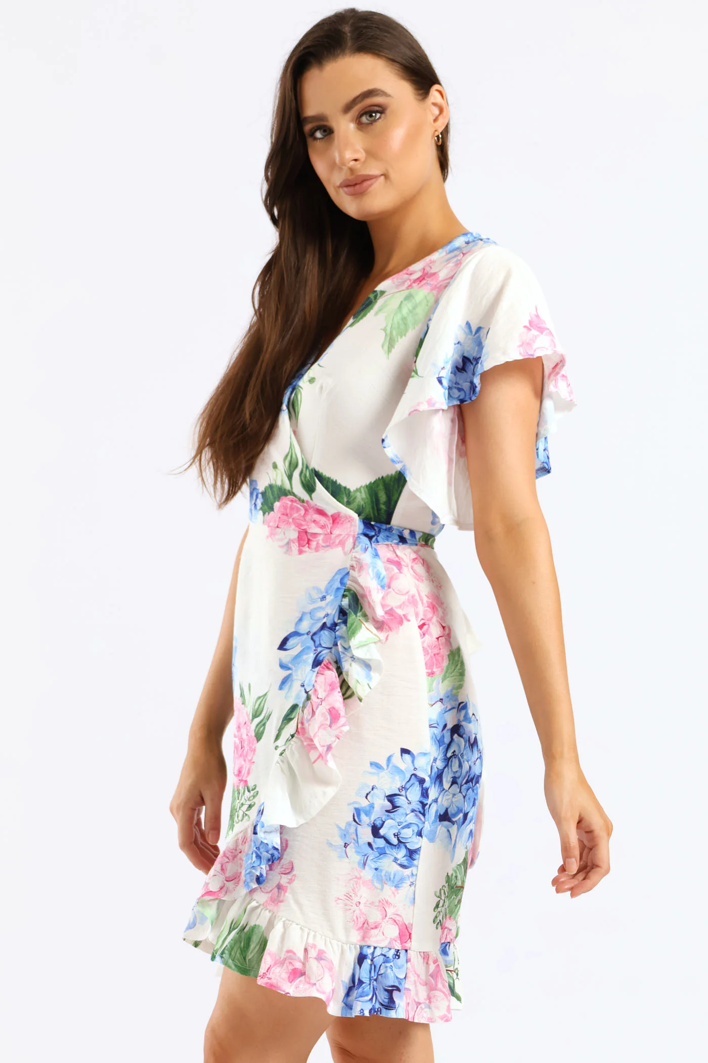 Frill Sleeve Wrap Frill Hem Mini Dress - White - Image 6