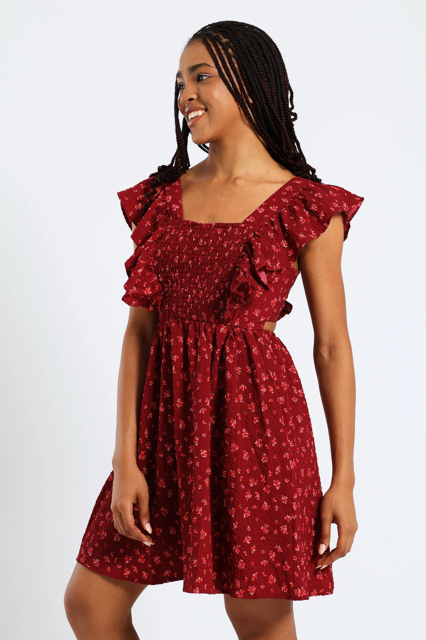 Frill Smock Mini Dress - Dark Burgandy - Image 2