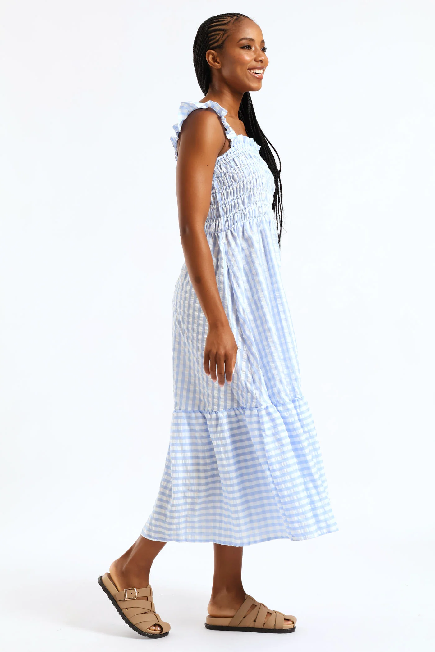 Frill Strap Shirred Bodice Frill Hem Midaxi Dress - White/Light Blue - Image 10