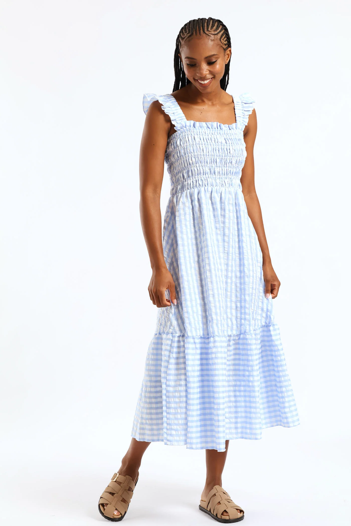 Frill Strap Shirred Bodice Frill Hem Midaxi Dress - White/Light Blue - Image 2
