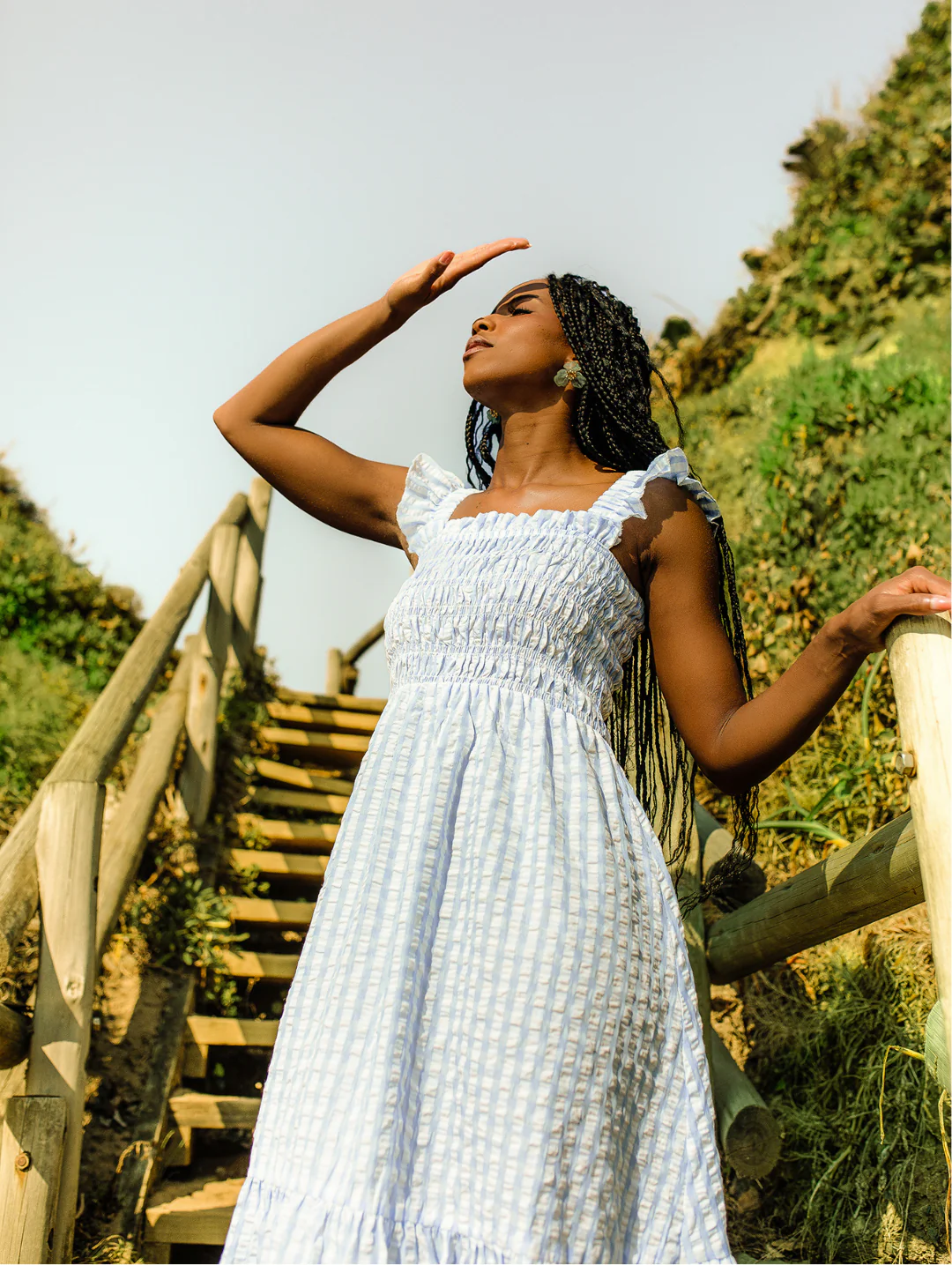 Frill Strap Shirred Bodice Frill Hem Midaxi Dress - White/Light Blue - Image 3