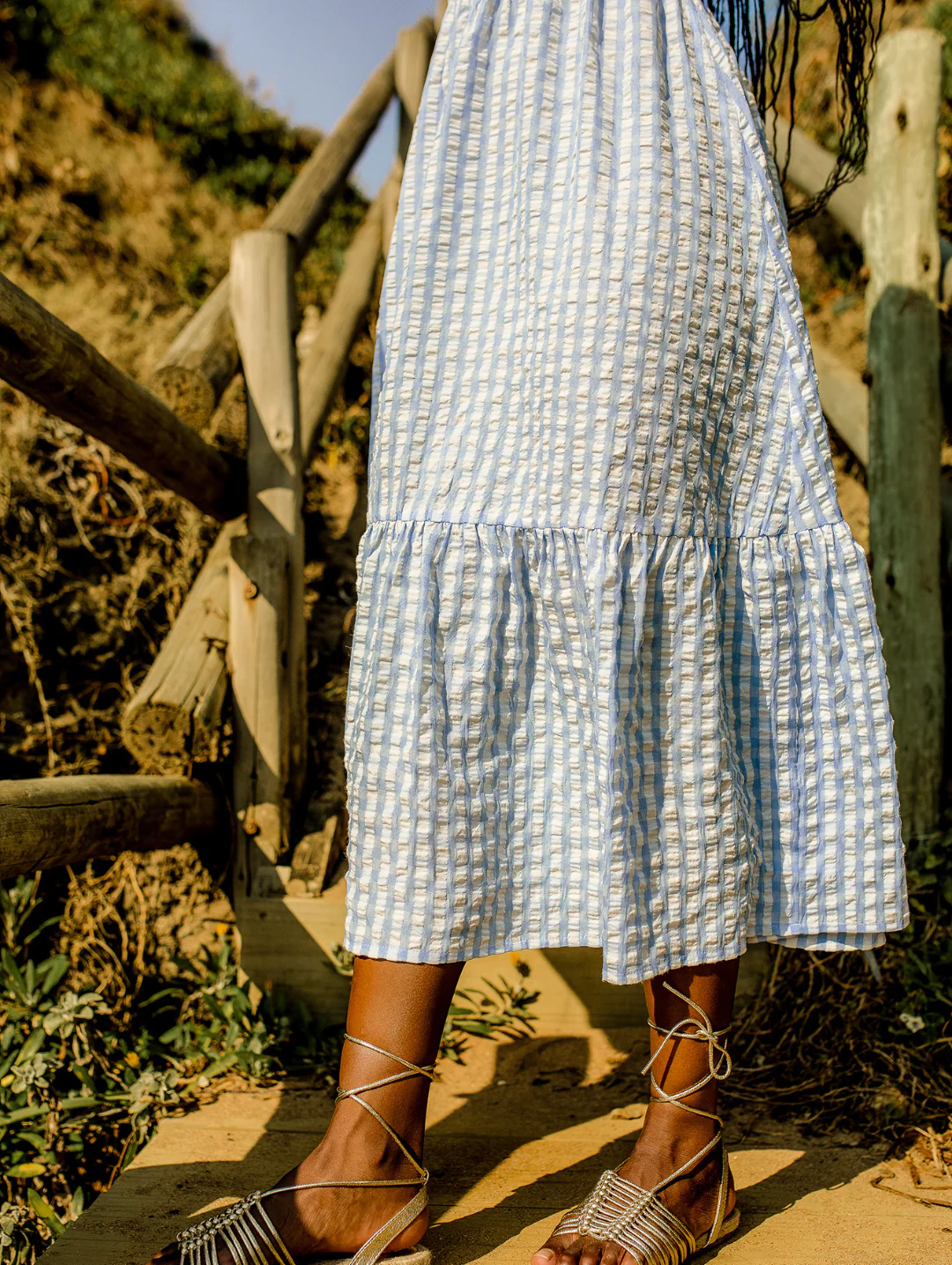 Frill Strap Shirred Bodice Frill Hem Midaxi Dress - White/Light Blue - Image 4