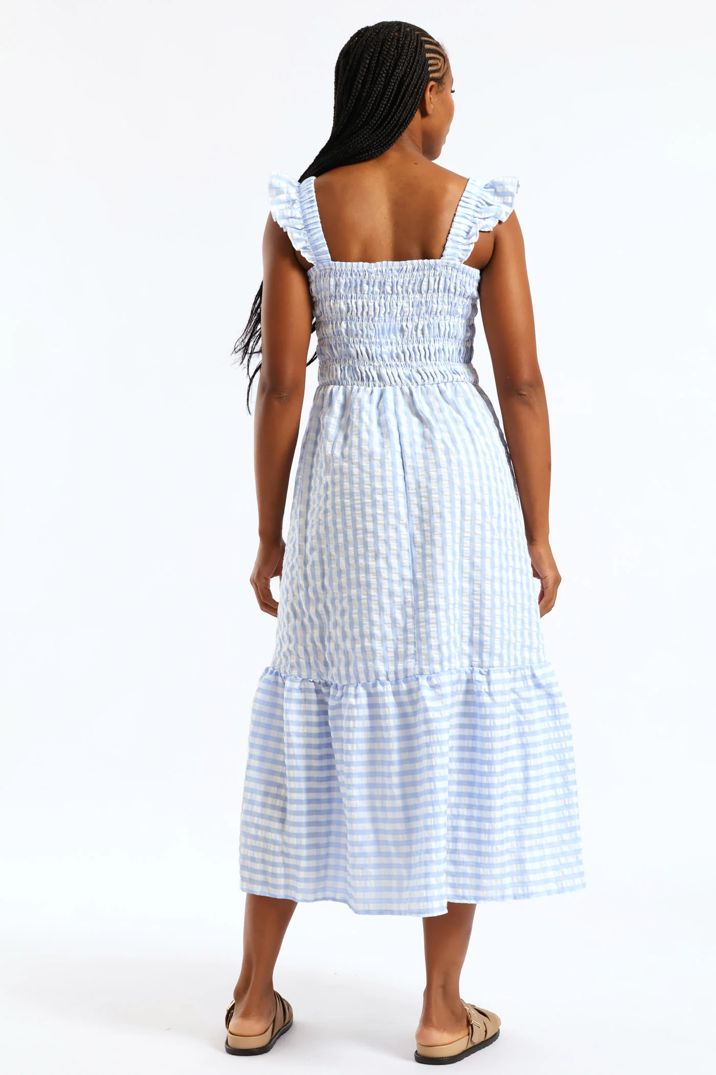 Frill Strap Shirred Bodice Frill Hem Midaxi Dress - White/Light Blue - Image 8