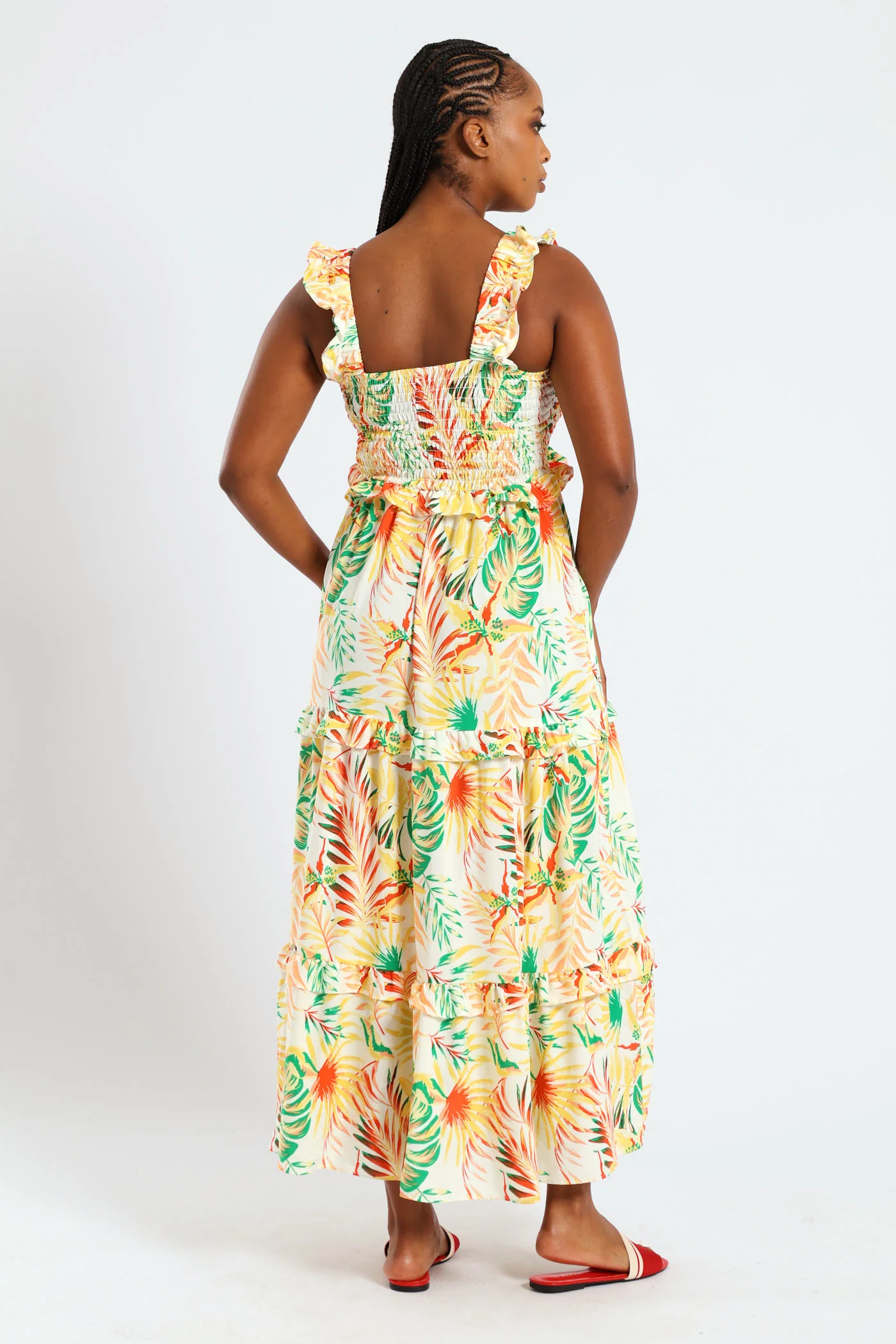 Frill Strap Shirred Tiered Maxi Dress - Multi - Image 2