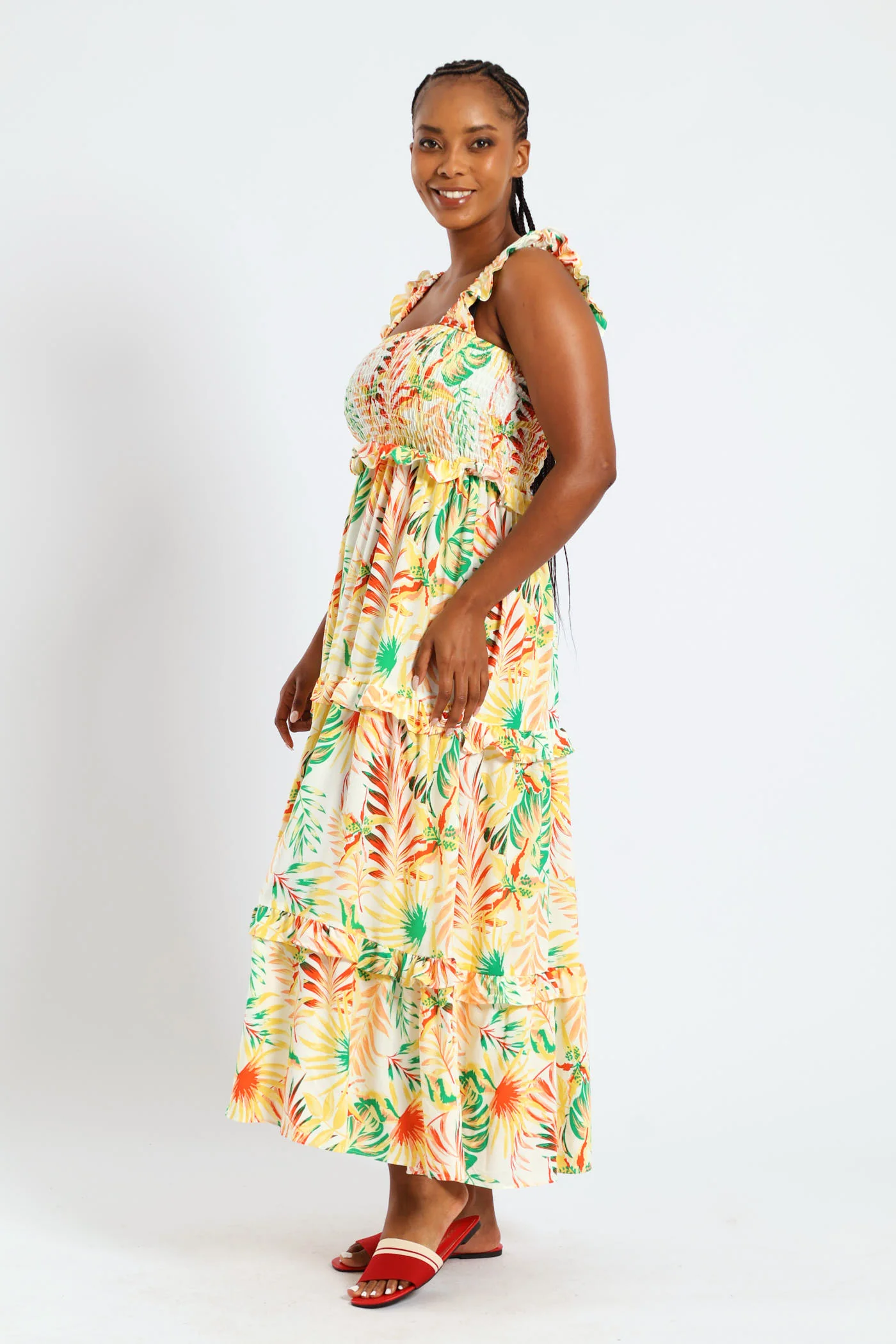 Frill Strap Shirred Tiered Maxi Dress - Multi - Image 3