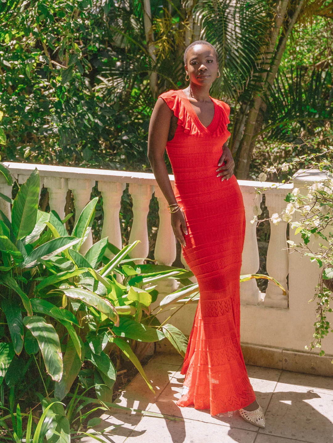 Frill V-Neck Crochet Fit & Flare Maxi Dress - Fiery Red - Image 2