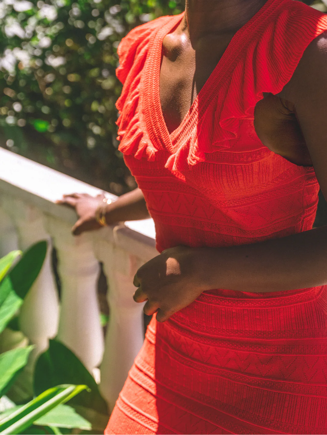 Frill V-Neck Crochet Fit & Flare Maxi Dress - Fiery Red - Image 3