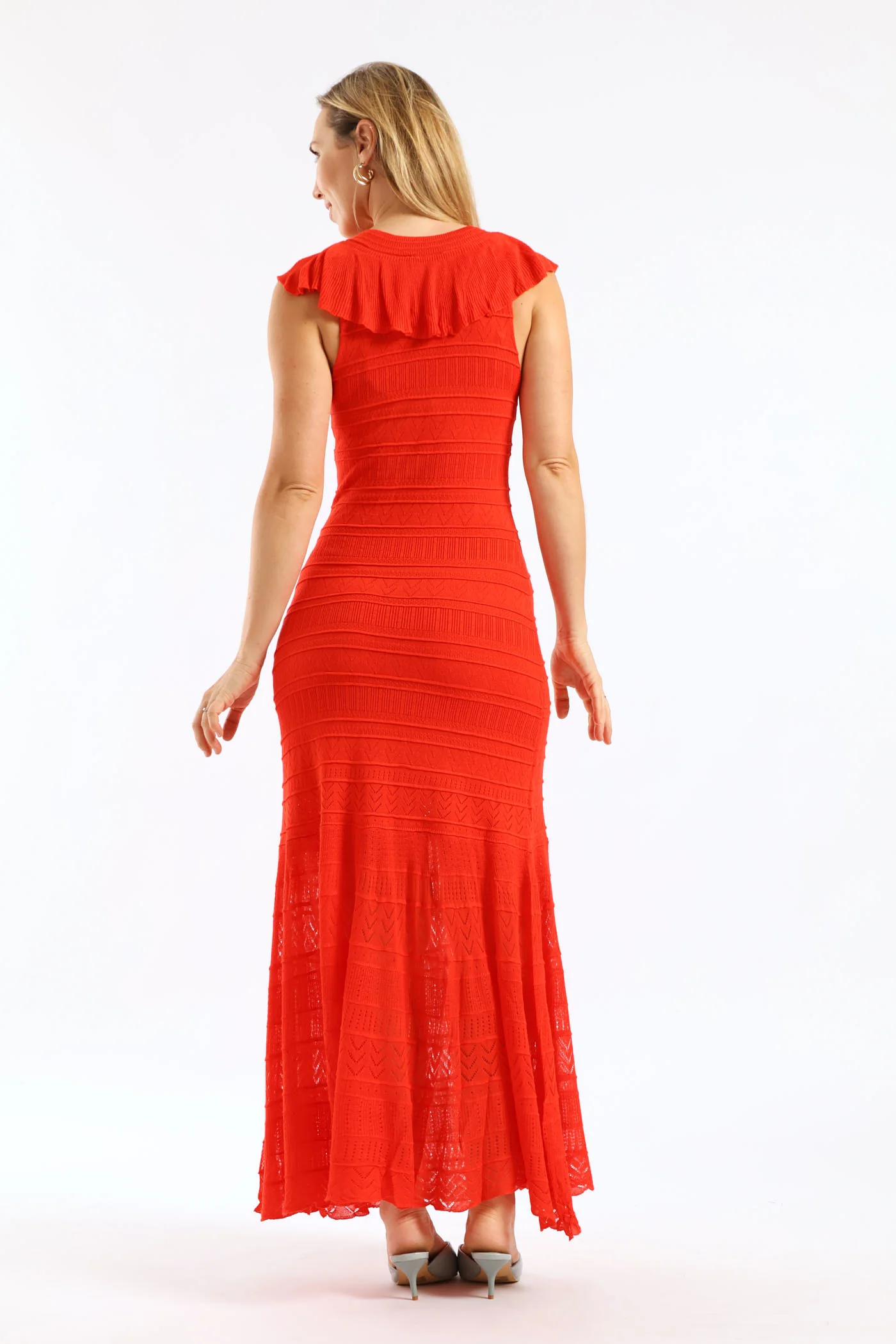 Frill V-Neck Crochet Fit & Flare Maxi Dress - Fiery Red - Image 5