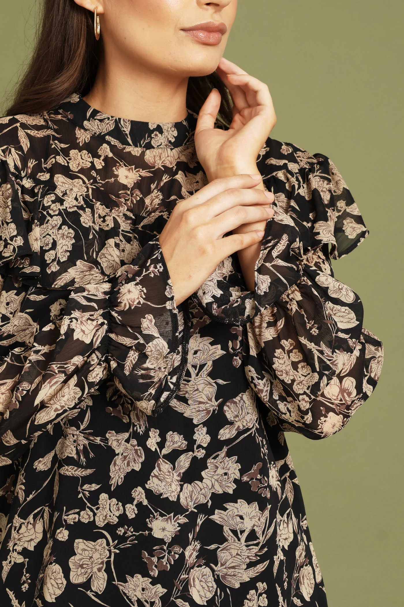 Frill Yoke Chiffon Blouse - Black - Image 2