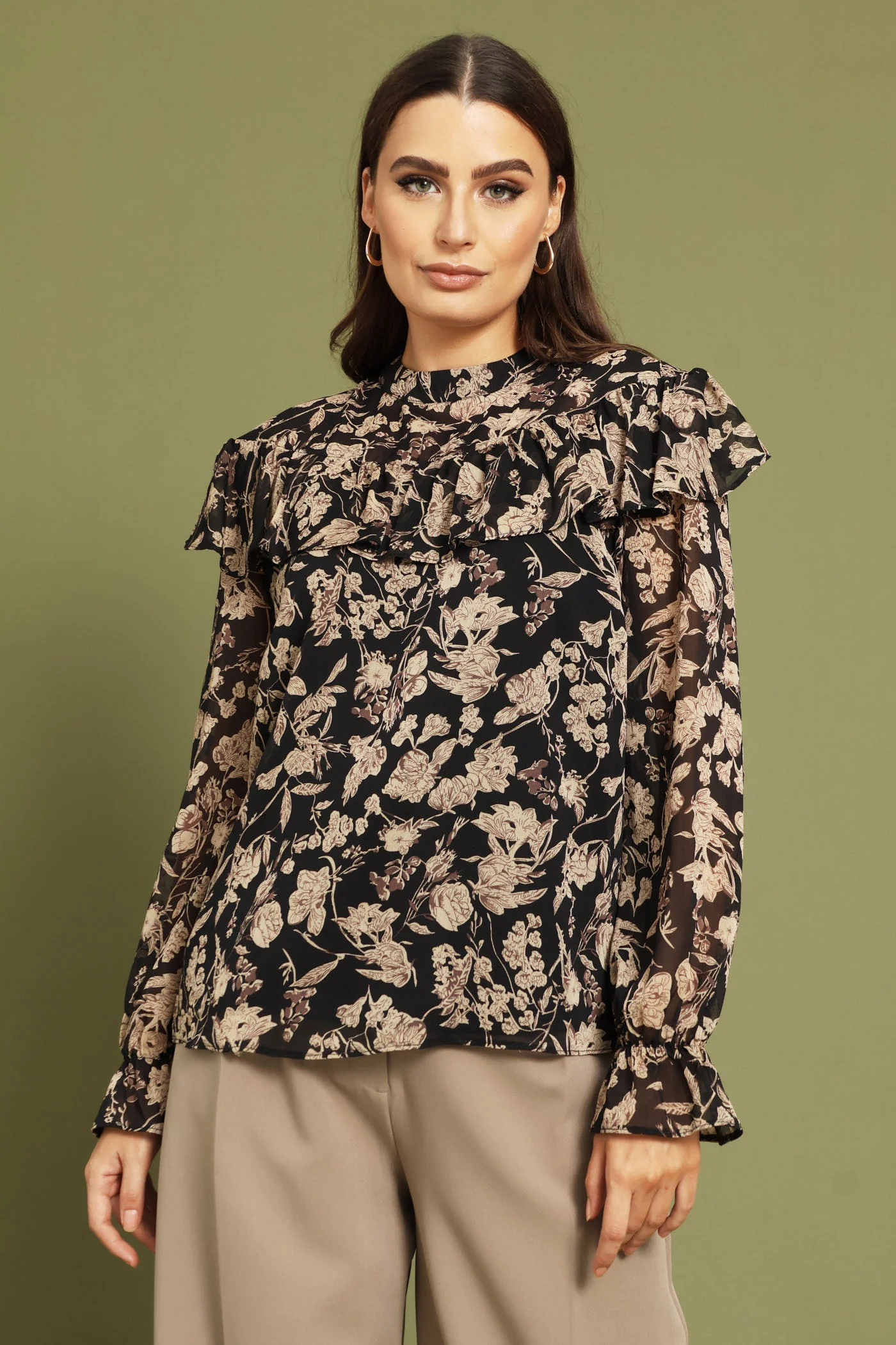 Frill Yoke Chiffon Blouse - Black - Image 3