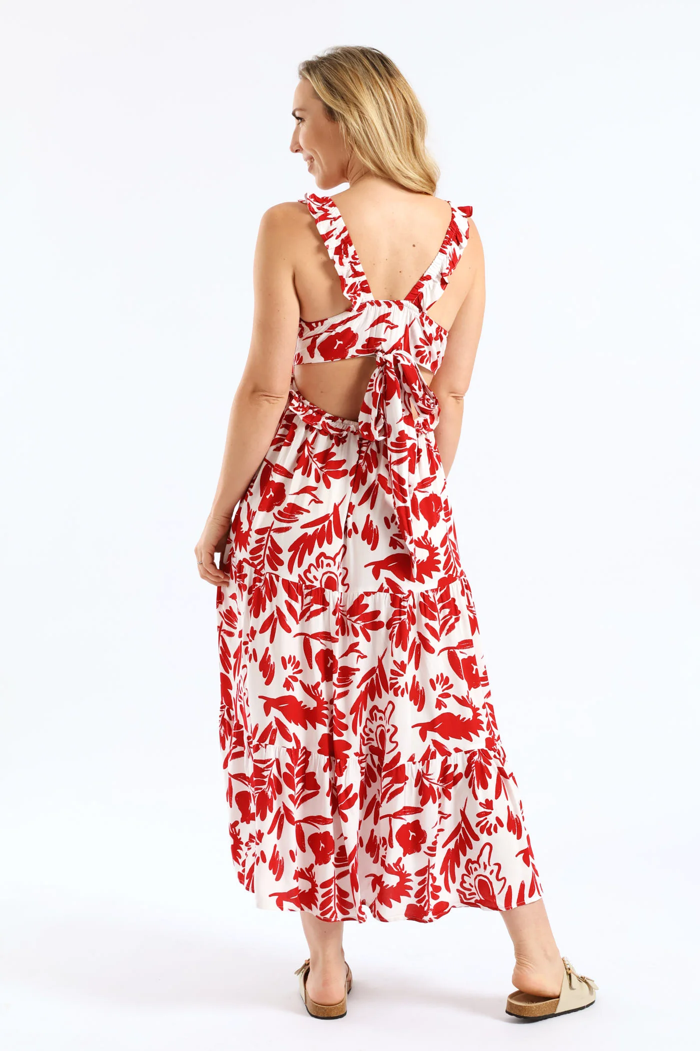 Frilly Shirred Bodice Open Back Tiered Maxi Dress - White/Red - Image 2