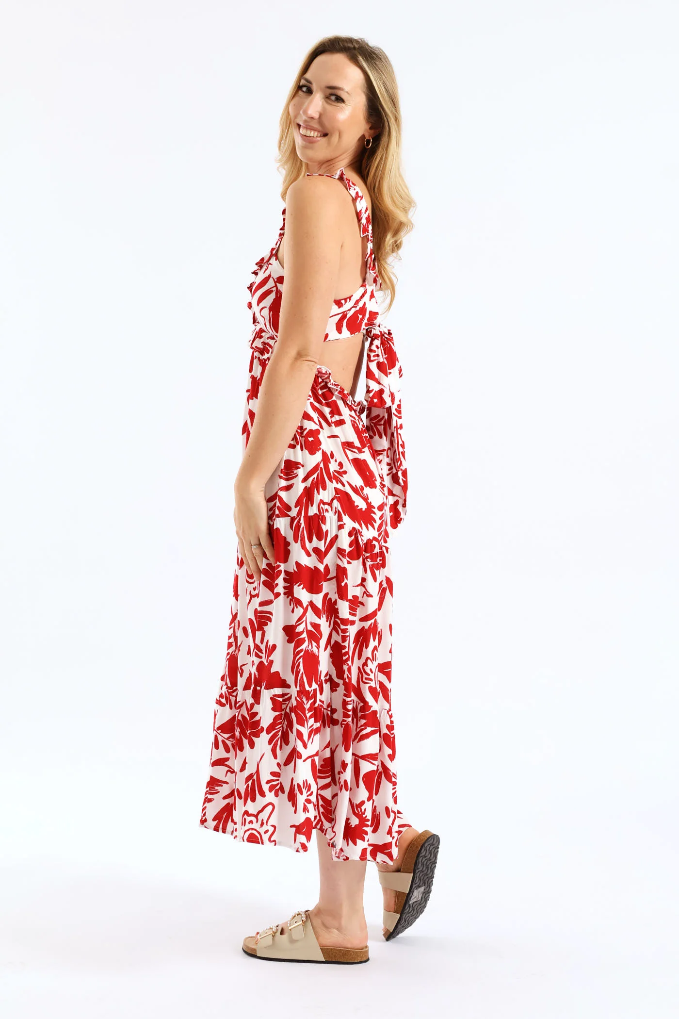 Frilly Shirred Bodice Open Back Tiered Maxi Dress - White/Red - Image 3