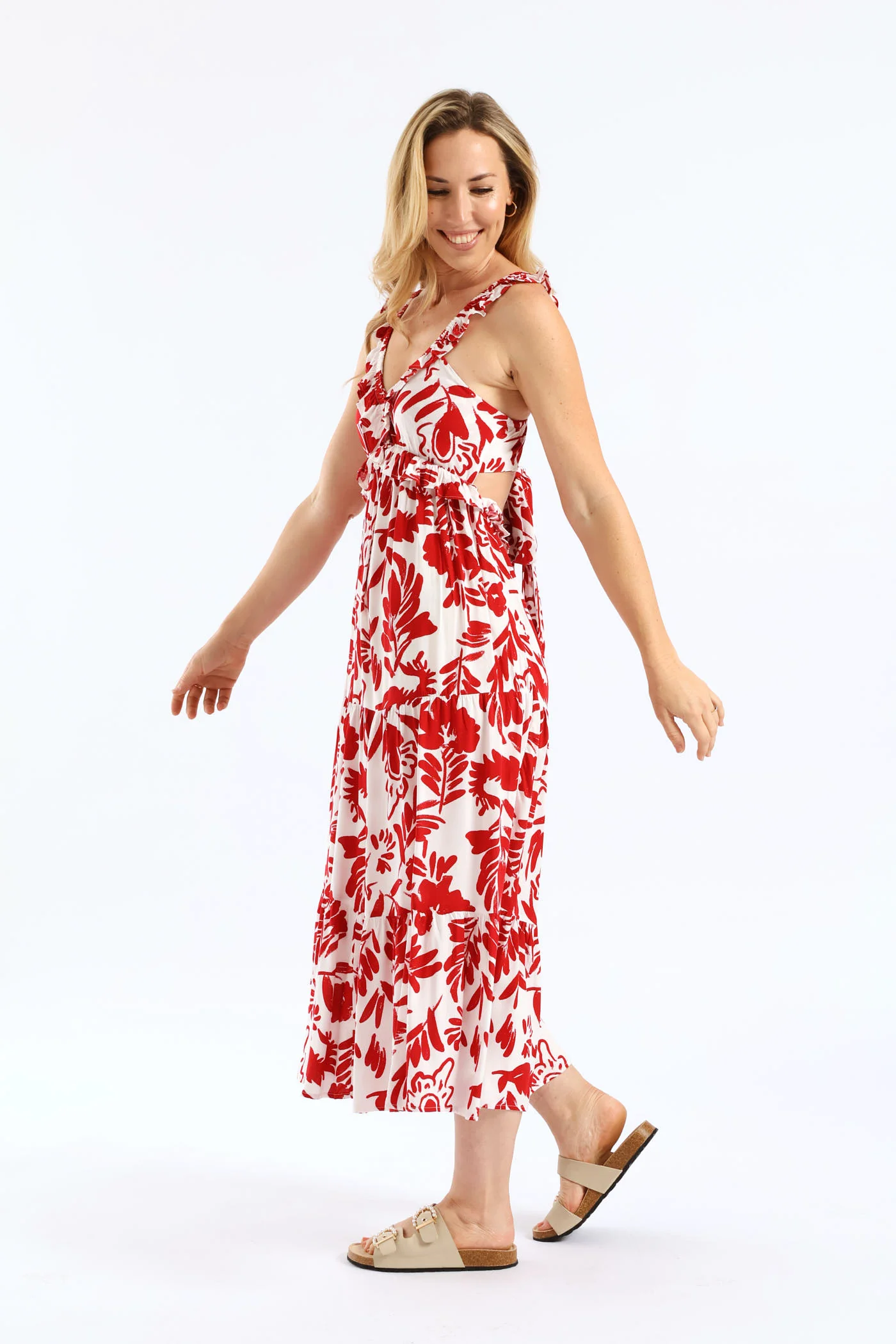 Frilly Shirred Bodice Open Back Tiered Maxi Dress - White/Red - Image 4