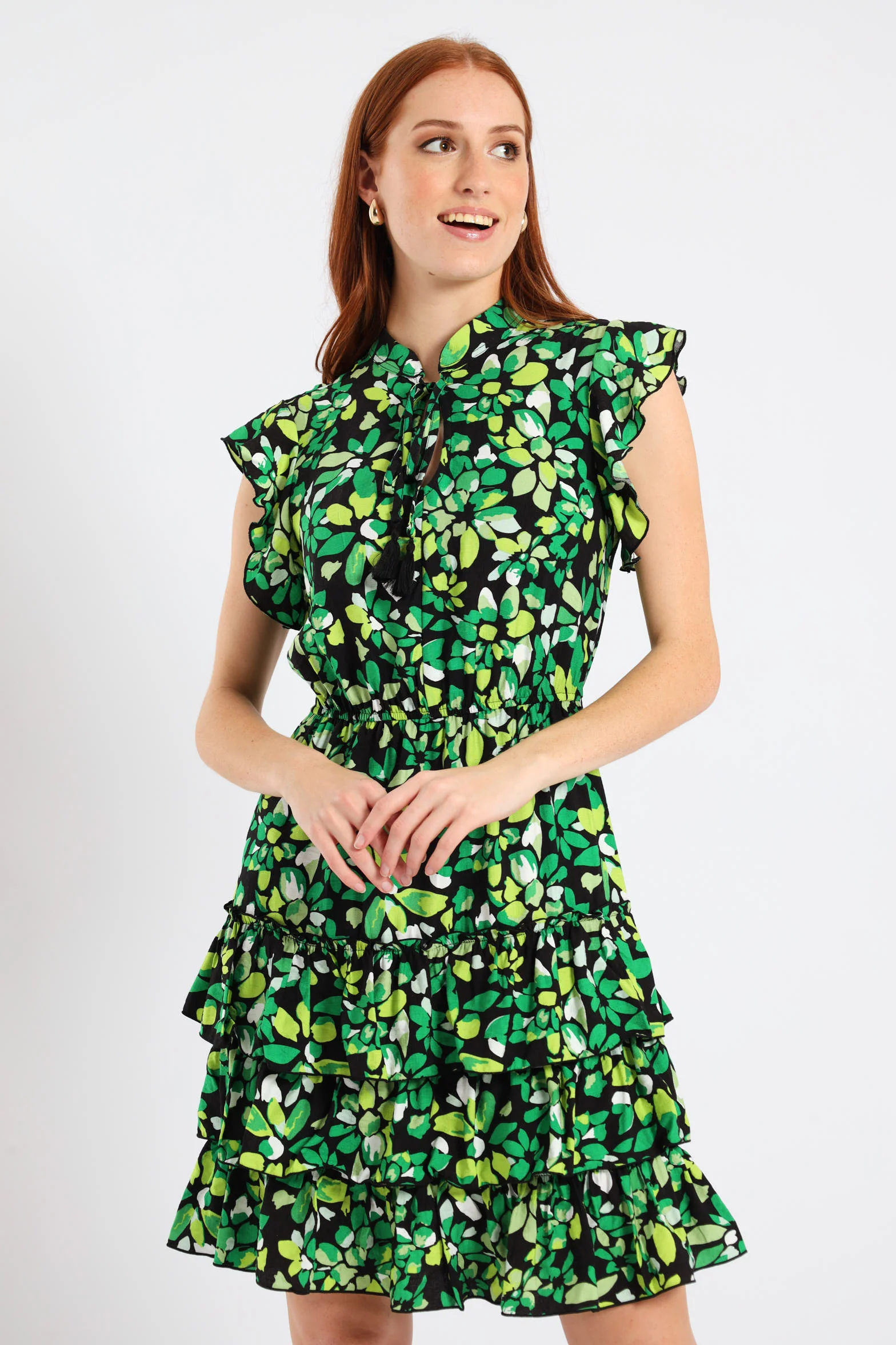 Frilly Waisted Leaf Print Mini Dress - Multi - Image 2