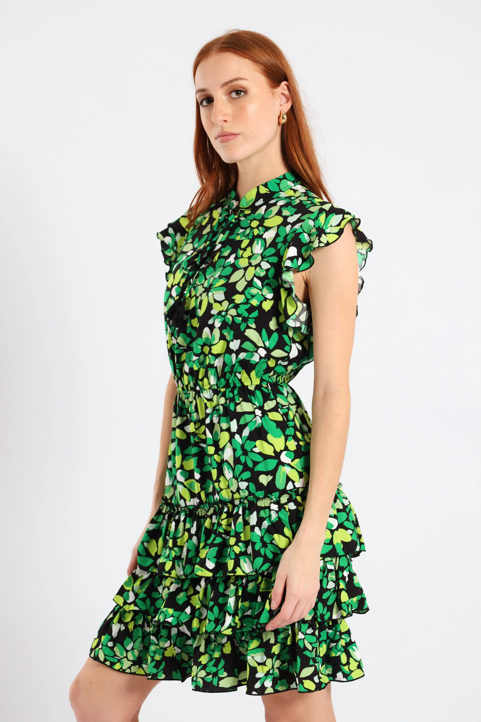 Frilly Waisted Leaf Print Mini Dress - Multi - Image 3