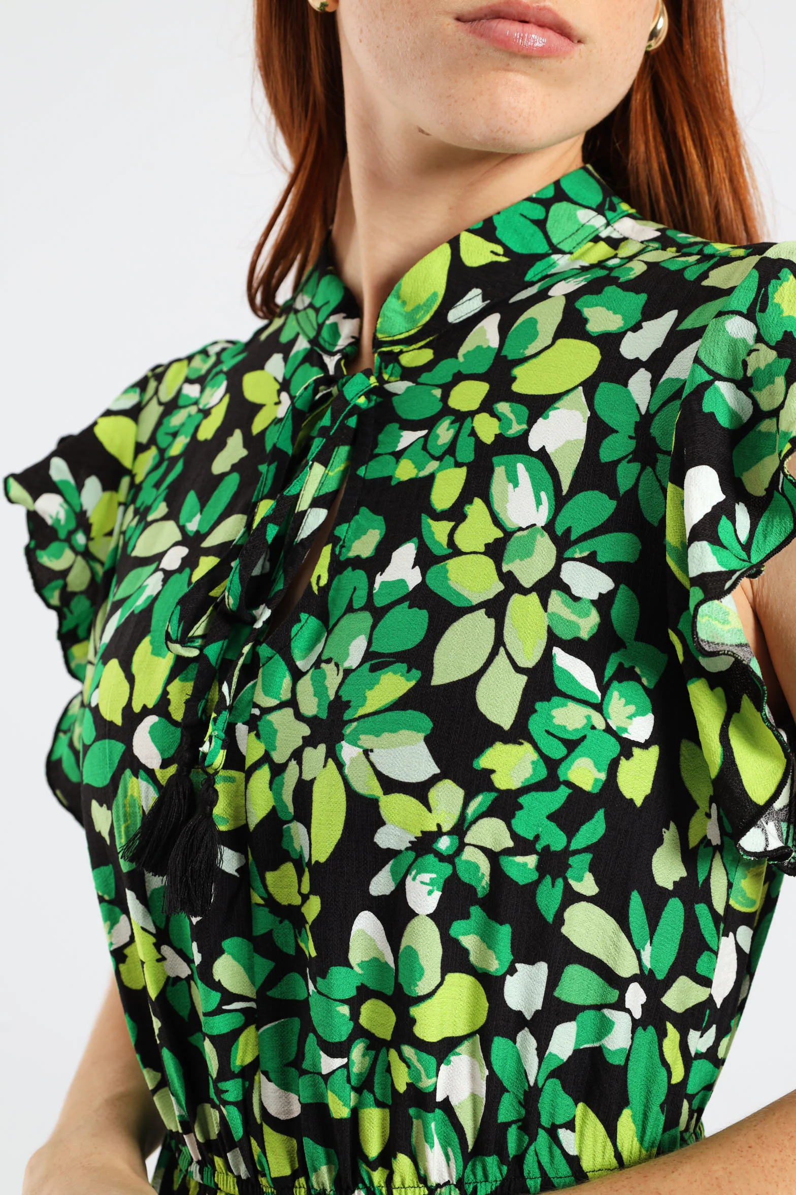 Frilly Waisted Leaf Print Mini Dress - Multi - Image 5