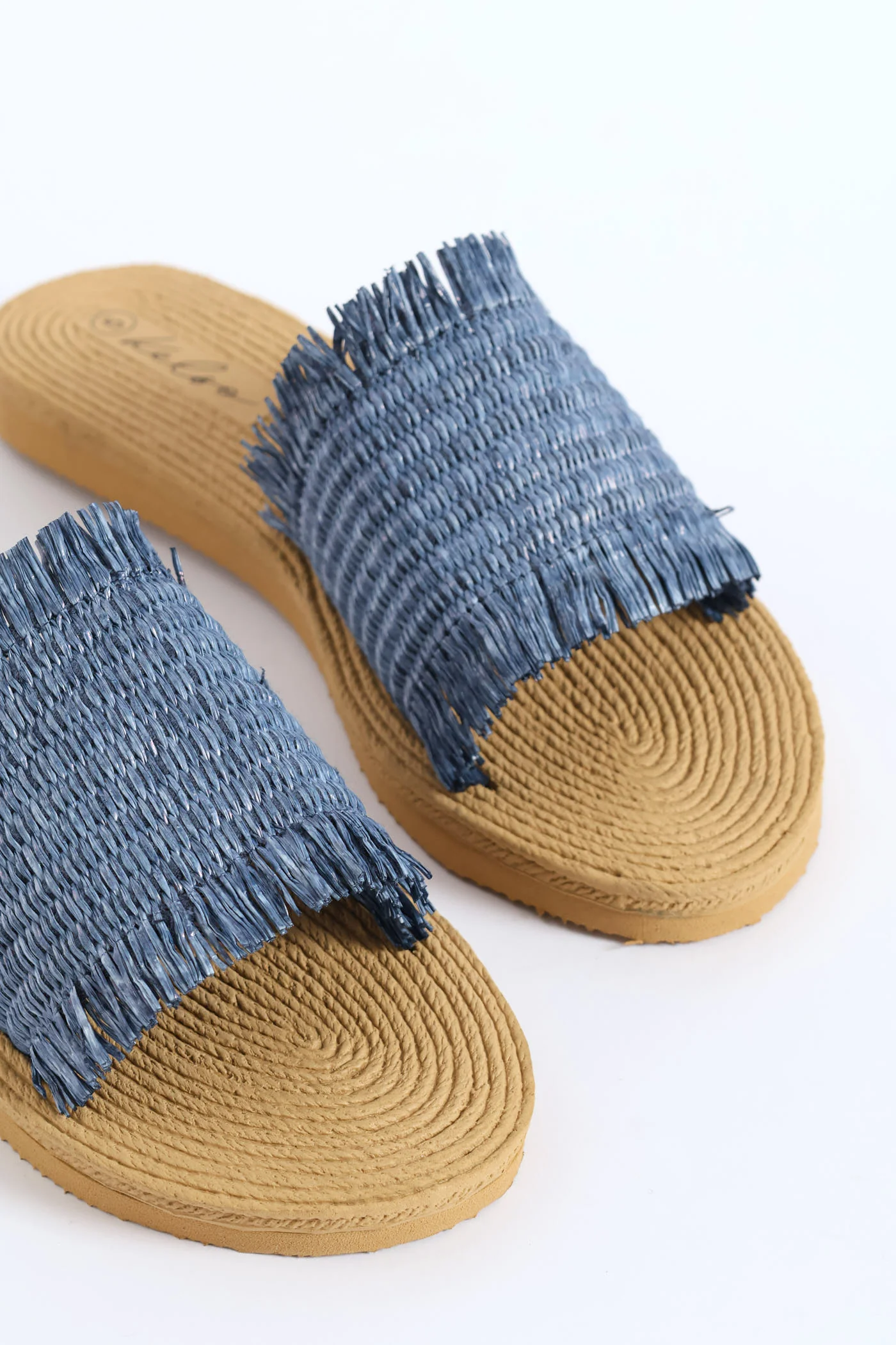 Fringe Detail Raffia Mule Sandal - Blue - Image 2