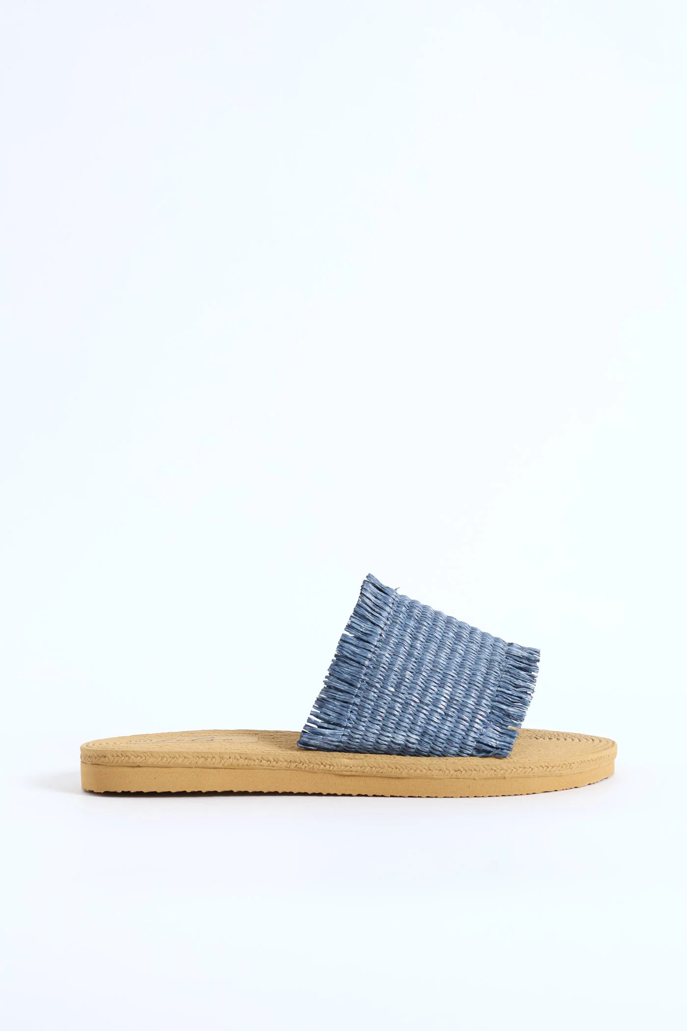 Fringe Detail Raffia Mule Sandal - Blue - Image 3