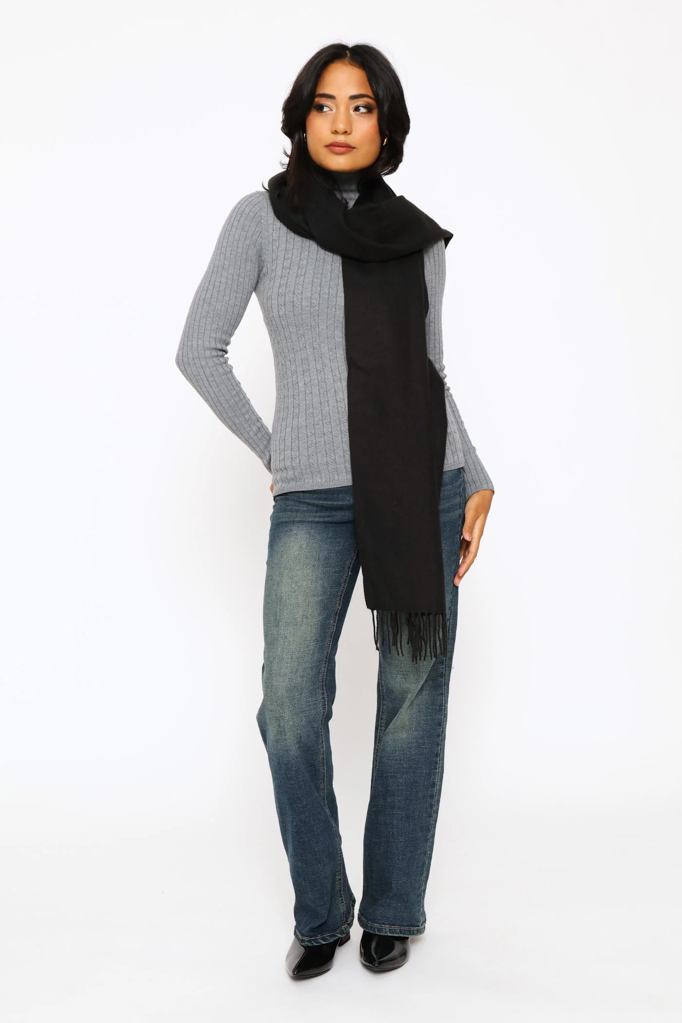 Fringe Detail Woven Scarf - Black - Image 5