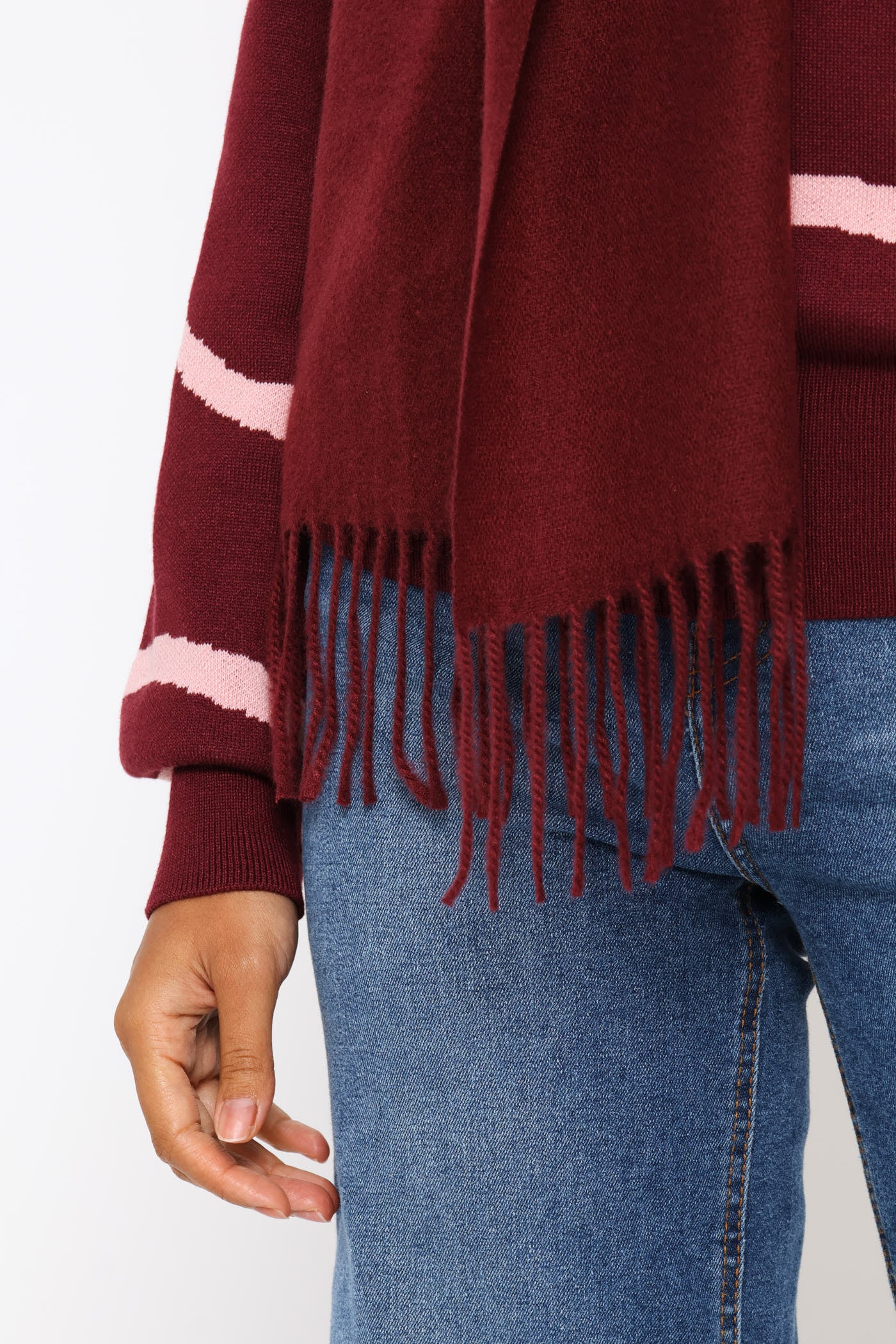 Fringe Detail Woven Scarf - Burgundy - Image 2