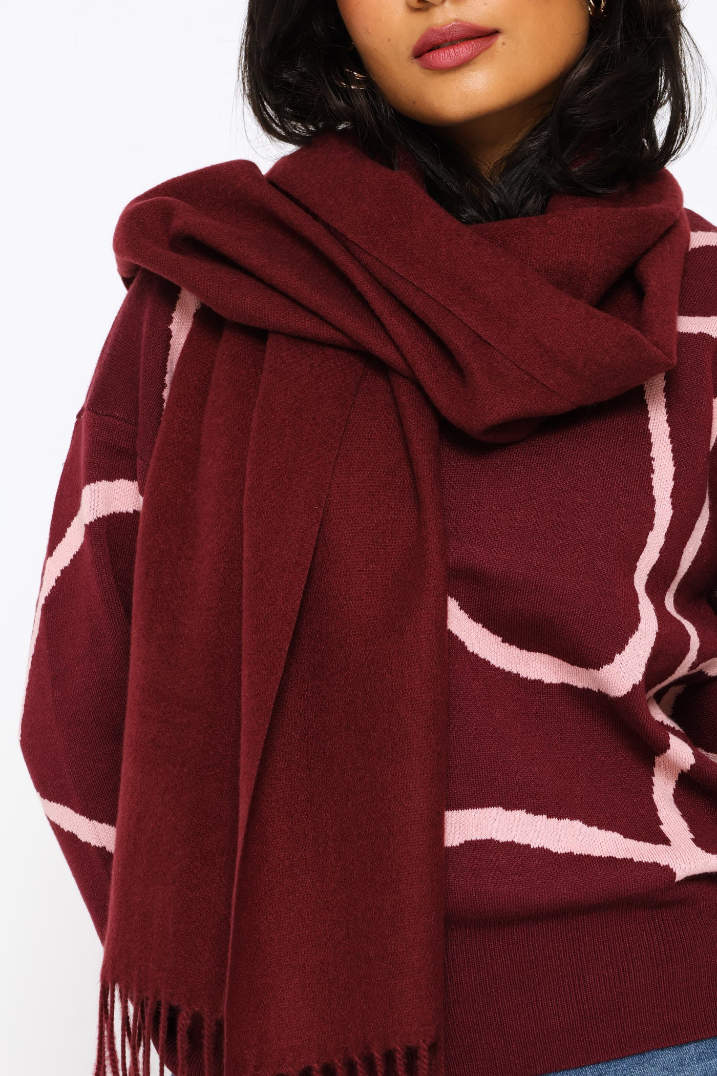 Fringe Detail Woven Scarf - Burgundy - Image 3
